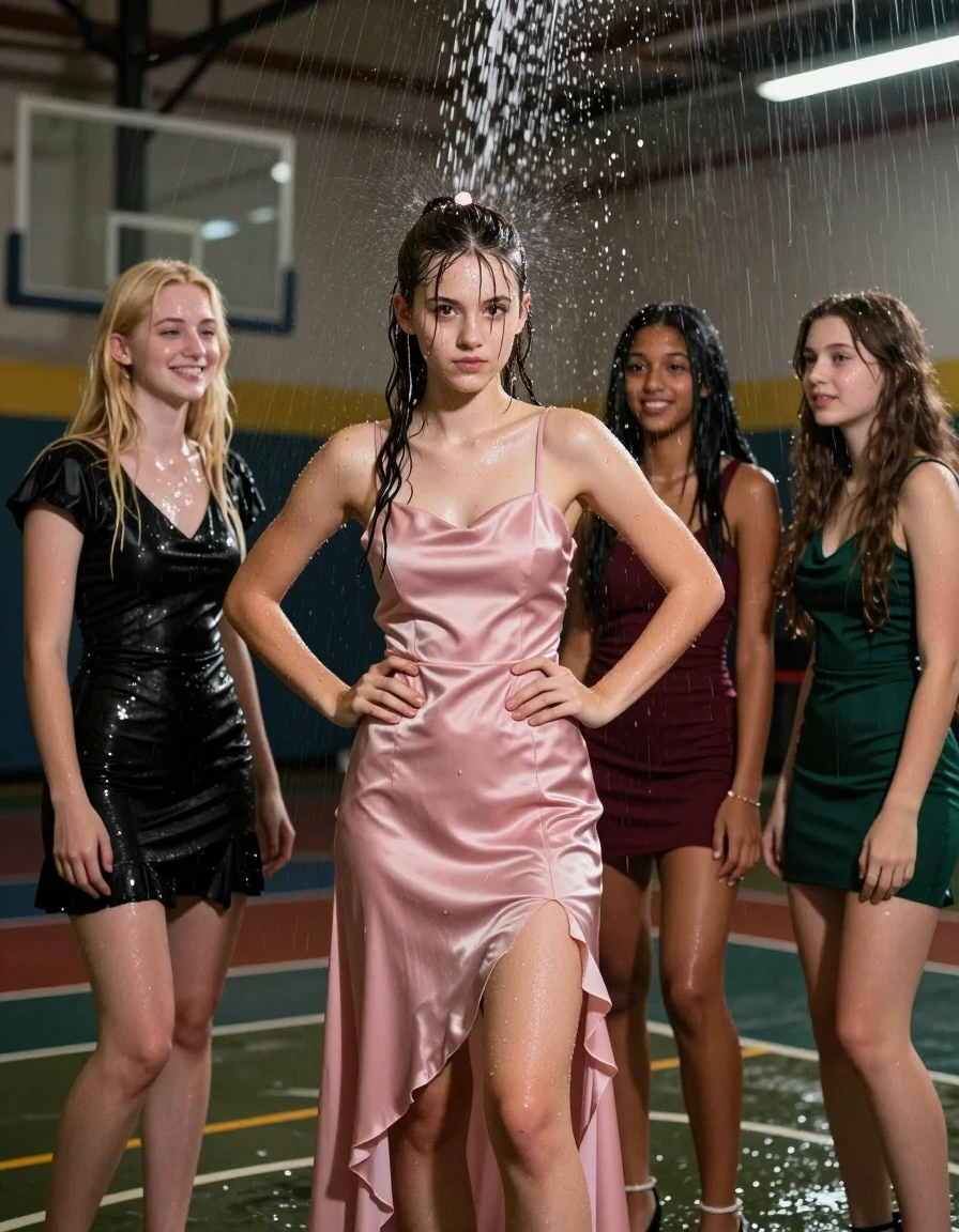 photo of young woman, in soaking wet, drenched clothes,
, , dress, 4 college girls playing at homecoming in a dark indoor gym with all its lights when it started pouring water from the ceiling on them, 
enjoying, wet clothes stuck to body,
detailed textures of the wet clothes, wet face, wet plastered hair,
wet, drenched, professional, high-quality details, full body view.
sharp focus, ultra-high pixel detail, realistic, high-quality, full colors, incredibly detailed, 4k, 8k, 16k, hyper-realistic, RAW photo, masterpiece, ultra-detailed, professionally color graded, professional photograph, college girls both having fun together. All a similar age, a nineteen year old girl, with a flat and slim body, skinny body, flat and skinny chest, a She has a wide square young face but a small very skinny waist and skinny legs, a very small chest and very small breasts, she is a pale brunette with ponytail and bangs, She has a small body, She is full of youthful energy. wearing a pink formal satin cocktail dress with a straight neckline and loose dress straps, her right dress strap has fallen off her shoulder and down her arm, she has her hands on her hips,. Her friend has blonde hair and is quite skinny, ,a wide square face, she is wearing a fit black short sleeve coctail dress. The third girl is 19, with a tan complexion and dark black hair, she is wearing a maroon mini dress, The 4th girl is brunette with a small body and thin legs, she is wearing a green prom dress, all of them except the blonde girl have very small breasts. wet skin, wet clothes, damp fabric,, wet skin, wet clothes, damp fabric, wet skin, wet clothes, damp fabric, wet skin, wet clothes, damp fabric, wet skin, wet clothes, damp fabric, wet skin, wet clothes, damp fabric, wet skin, wet clothes, damp fabric, wet skin, wet clothes, damp fabric