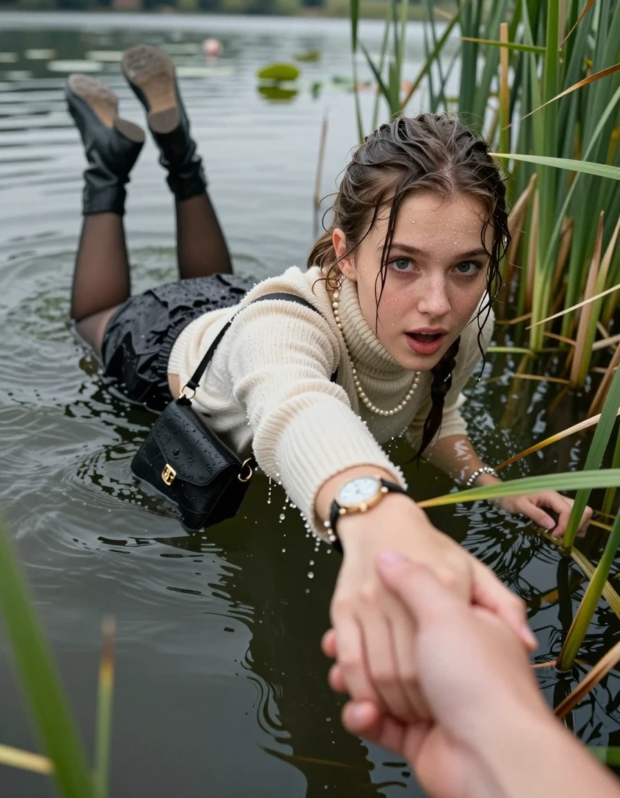 photo of young woman, in soaking wet, drenched clothes,
boots, mini skirt, stockings, knit turtleneck sweater, handbag, pearl necklace, bracelet, wristwatch, Emerging after diving in a lake with water lilies and reeds, 
enjoying, wet clothes stuck to body,
detailed textures of the wet clothes, wet face, wet plastered hair,
wet, drenched, professional, high-quality details, full body view.
sharp focus, ultra-high pixel detail, realistic, high-quality, full colors, incredibly detailed, 4k, 8k, 16k, hyper-realistic, RAW photo, masterpiece, ultra-detailed, professionally color graded, professional photograph, Sleek long ponytail with bangs

15 years old  teenage girl

open mouth, big eyes. hold with her hands the viewer's hand, pulling them toward the center of the water. Laying her breast and arms on the surface.  Whole body and shoulders are submerged under the surface. Looking up at camera.

she is completely underwater up to her neck,  horny and sexuell aroused expression.

She hides in the reeds.

her submerged clothes are hardly vusible under water, she soaked her handbag into the water

close up view, wet skin, wet clothes, wet hair, damp fabric, water runs down the clothes, wet skin, wet clothes, damp fabric, wet skin, wet clothes, damp fabric, wet skin, wet clothes, damp fabric, wet skin, wet clothes, damp fabric, wet skin, wet clothes, damp fabric, wet skin, wet clothes, damp fabric, wet skin, wet clothes, damp fabric, wet skin, wet clothes, damp fabric, wet skin, wet clothes, damp fabric, wet skin, wet clothes, damp fabric, wet skin, wet clothes, damp fabric, wet skin, wet clothes, damp fabric, wet skin, wet clothes, damp fabric, wet skin, wet clothes, damp fabric, wet skin, wet clothes, damp fabric, wet skin, wet clothes, damp fabric, wet skin, wet clothes, damp fabric, wet skin, wet clothes, damp fabric, wet skin, wet clothes, damp fabric