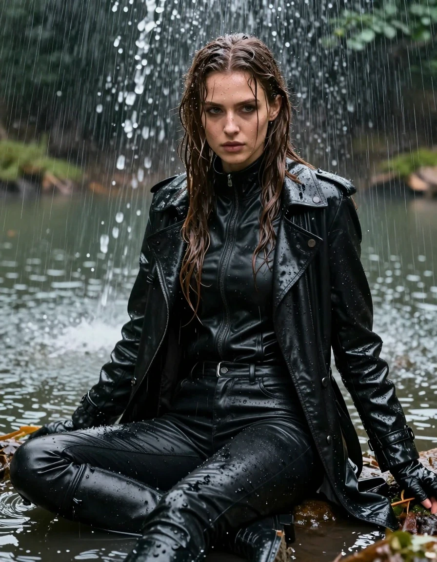 A young adult European woman with long, dripping wet brown hair, sitting in a lake in a dense forest during a heavy rainstorm. She is fully drenched, with water sheen on her skin and mud splattered across her face and body. She is wearing a black leather polar neck shirt, black leather jeans that are heavy and soaked with water, a black leather trench coat, black leather knee-high boots, and black leather gloves on both hands. The leather garments appear darkened, heavy, and cling to her form with distinct wet folds and intense specular reflections from the rain. She is positioned directly under the cascading water of a forest fountain, with water running down her hair, face, and clothing. The scene is captured with realistic, high-detail textures showing the interplay of mud, water, and saturated leather. Cinematic lighting, photorealistic, sharp focus, 8k, highly detailed, no nudity, fully clothed.