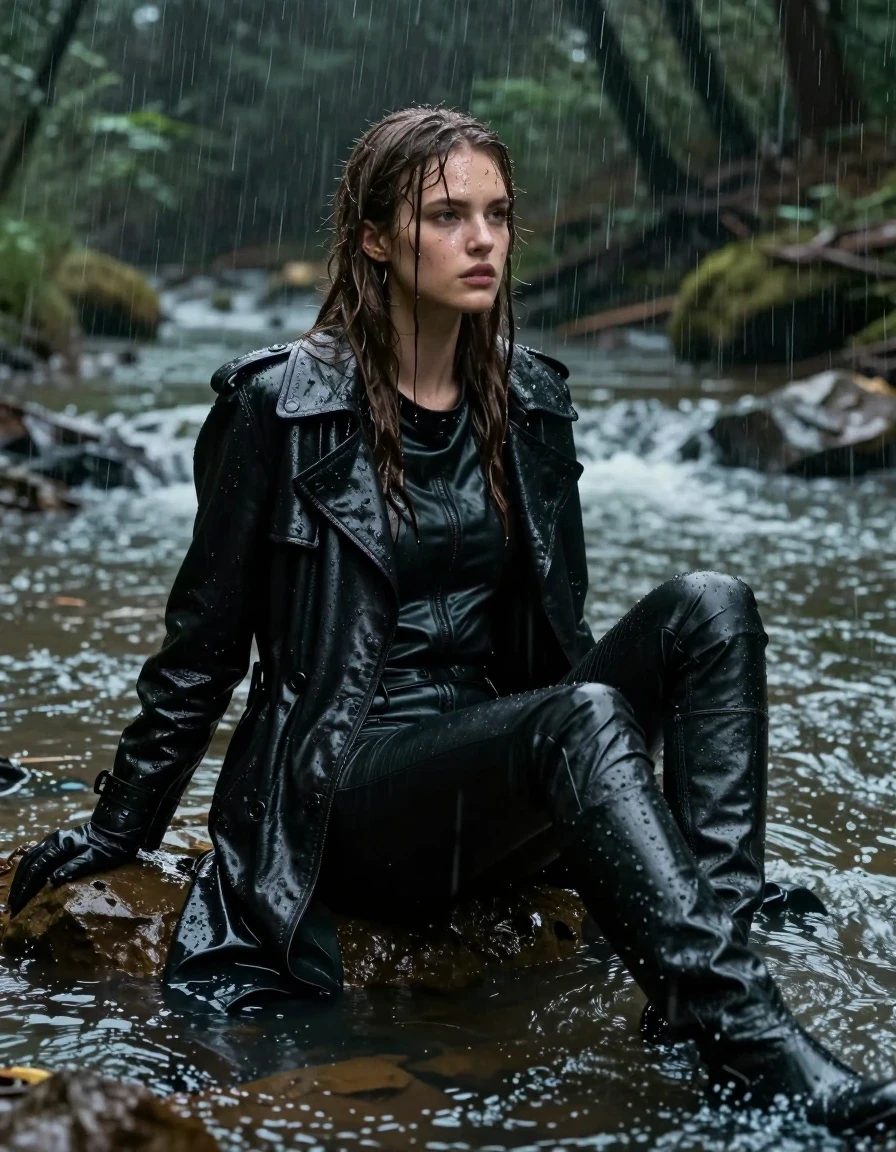 A photorealistic medium shot of a young adult European woman with long, matted brown hair, drenched and dripping with water. She is sitting in a shallow river within a dense forest during a heavy rainstorm. Her skin is glistening with water sheen and coated with patches of dark mud. She is wearing a black leather polar neck shirt, black leather gloves, a long black leather trench coat, and black leather jeans, all visibly soaked, heavy with water, and clinging to her form with deep glossy reflections on the wet leather surfaces. She is also wearing black leather knee-high boots. The entire scene is dark and moody, with heavy rain pouring down, creating splashing water effects on the river surface and the subject. The clothing shows realistic water-saturated folds, darkened textures, and heavy weight. High-contrast lighting captures the shimmering wetness on her skin and the slick, reflective leather garments. The composition is a detailed, cinematic wide shot that emphasizes the textures of wet fabric, mud, and flowing water, while maintaining a fully clothed and modest appearance.
