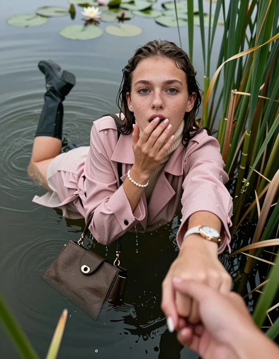 photo of young woman, in soaking wet, drenched clothes,
boots, mini skirt,  pink coat,  knit turtleneck sweater, handbag, pearl necklace, bracelet, wristwatch, Emerging after diving in a lake with water lilies and reeds, 
enjoying, wet clothes stuck to body,
detailed textures of the wet clothes, wet face, wet plastered hair,
wet, drenched, professional, high-quality details, full body view.
sharp focus, ultra-high pixel detail, realistic, high-quality, full colors, incredibly detailed, 4k, 8k, 16k, hyper-realistic, RAW photo, masterpiece, ultra-detailed, professionally color graded, professional photograph, Sleek long straight hair

15 years old  teenage girl

open mouth, big eyes. 0ne hand over her mouth, hold with the other the viewer's hand, pulling them toward the center of the water. Laying her breast and arms on the surface.  Whole body and shoulders are submerged under the surface. Looking up at camera.

she is completely underwater up to her neck,  horny and sexuell aroused expression.

She hides in the reeds.

her submerged clothes are hardly vusible under water, she soaked her handbag into the water

close up view, wet skin, wet clothes, wet hair, damp fabric, water runs down the clothes, wet skin, wet clothes, damp fabric, wet skin, wet clothes, damp fabric, wet skin, wet clothes, damp fabric, wet skin, wet clothes, damp fabric, wet skin, wet clothes, damp fabric, wet skin, wet clothes, damp fabric, wet skin, wet clothes, damp fabric, wet skin, wet clothes, damp fabric, wet skin, wet clothes, damp fabric, wet skin, wet clothes, damp fabric, wet skin, wet clothes, damp fabric, wet skin, wet clothes, damp fabric, wet skin, wet clothes, damp fabric, wet skin, wet clothes, damp fabric, wet skin, wet clothes, damp fabric, wet skin, wet clothes, damp fabric, wet skin, wet clothes, damp fabric, wet skin, wet clothes, damp fabric, wet skin, wet clothes, damp fabric
