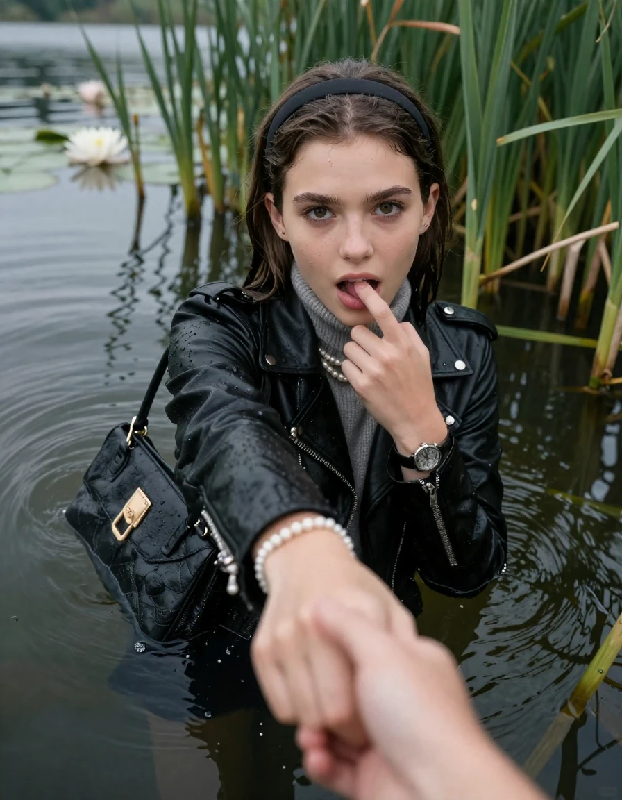 photo of young woman, in soaking wet, drenched clothes,
, , black biker leatherjacket,  knit turtleneck sweater, handbag, pearl necklace, bracelet, wristwatch , Emerging after diving in a lake with water lilies and reeds, 
enjoying, wet clothes stuck to body,
detailed textures of the wet clothes, wet face, wet plastered hair,
wet, drenched, professional, high-quality details, full body view.
sharp focus, ultra-high pixel detail, realistic, high-quality, full colors, incredibly detailed, 4k, 8k, 16k, hyper-realistic, RAW photo, masterpiece, ultra-detailed, professionally color graded, professional photograph, Sleek long straight hair with hairband

15 years old  teenage girl

open mouth, big eyes. 0ne hand with a finger at her tongue  inside her mouth, hold with the other the viewer's hand, pulling them toward the center of the water. Laying her breast and arms on the surface.  Whole body and shoulders are submerged under the surface. Looking up at camera.

she is completely underwater up to her neck,  horny and sexuell aroused expression.

She hides in the reeds.

her submerged clothes are hardly vusible under water, she soaked her handbag into the water

close up view, wet skin, wet clothes, wet hair, damp fabric, water runs down the clothes, wet skin, wet clothes, damp fabric, wet skin, wet clothes, damp fabric, wet skin, wet clothes, damp fabric, wet skin, wet clothes, damp fabric, wet skin, wet clothes, damp fabric, wet skin, wet clothes, damp fabric, wet skin, wet clothes, damp fabric, wet skin, wet clothes, damp fabric, wet skin, wet clothes, damp fabric, wet skin, wet clothes, damp fabric, wet skin, wet clothes, damp fabric, wet skin, wet clothes, damp fabric, wet skin, wet clothes, damp fabric, wet skin, wet clothes, damp fabric, wet skin, wet clothes, damp fabric, wet skin, wet clothes, damp fabric, wet skin, wet clothes, damp fabric, wet skin, wet clothes, damp fabric, wet skin, wet clothes, damp fabric