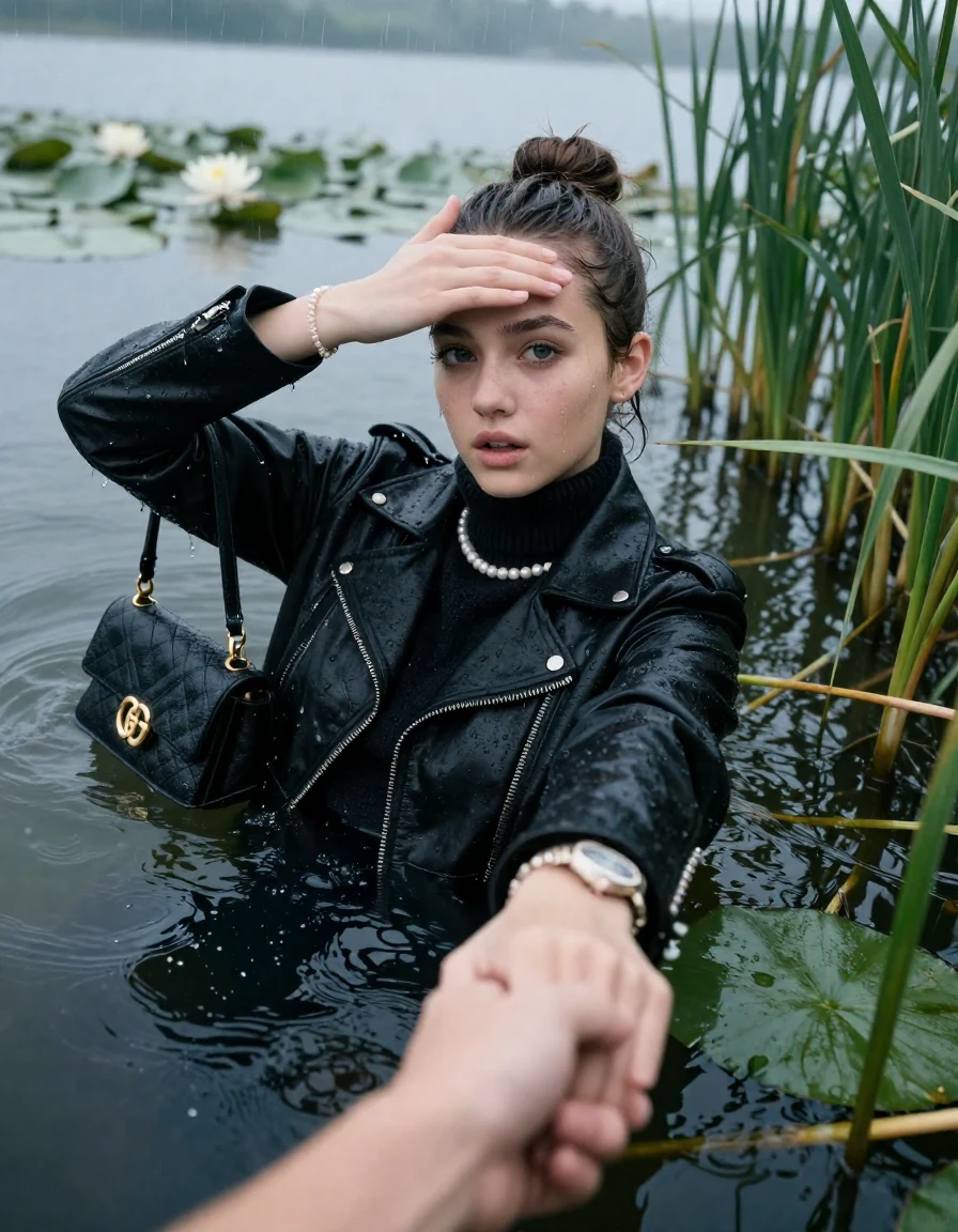 photo of young woman, in soaking wet, drenched clothes,
, , black biker leatherjacket,  knit turtleneck sweater, handbag, pearl necklace, bracelet, wristwatch , Emerging after diving in a lake with water lilies and reeds, rain , 
enjoying, wet clothes stuck to body,
detailed textures of the wet clothes, wet face, wet plastered hair,
wet, drenched, professional, high-quality details, full body view.
sharp focus, ultra-high pixel detail, realistic, high-quality, full colors, incredibly detailed, 4k, 8k, 16k, hyper-realistic, RAW photo, masterpiece, ultra-detailed, professionally color graded, professional photograph, Sleek bun 

19 years old  teenage girl

open mouth, big eyes. 0ne hand over forehead, hold with the other the viewer's hand, pulling them toward the center of the water. Laying her breast and arms on the surface.  Whole body and shoulders are submerged under the surface. Looking at camera.

she is completely underwater up to her neck,  bored expression.

She hides in the reeds and is surprised by spectators

her submerged clothes are hardly vusible under water, she soaked her handbag into the water

close up view, wet skin, wet clothes, wet hair, damp fabric, water runs down the clothes, wet skin, wet clothes, damp fabric, wet skin, wet clothes, damp fabric, wet skin, wet clothes, damp fabric, wet skin, wet clothes, damp fabric, wet skin, wet clothes, damp fabric, wet skin, wet clothes, damp fabric, wet skin, wet clothes, damp fabric, wet skin, wet clothes, damp fabric, wet skin, wet clothes, damp fabric, wet skin, wet clothes, damp fabric, wet skin, wet clothes, damp fabric, wet skin, wet clothes, damp fabric, wet skin, wet clothes, damp fabric, wet skin, wet clothes, damp fabric, wet skin, wet clothes, damp fabric, wet skin, wet clothes, damp fabric, wet skin, wet clothes, damp fabric, wet skin, wet clothes, damp fabric