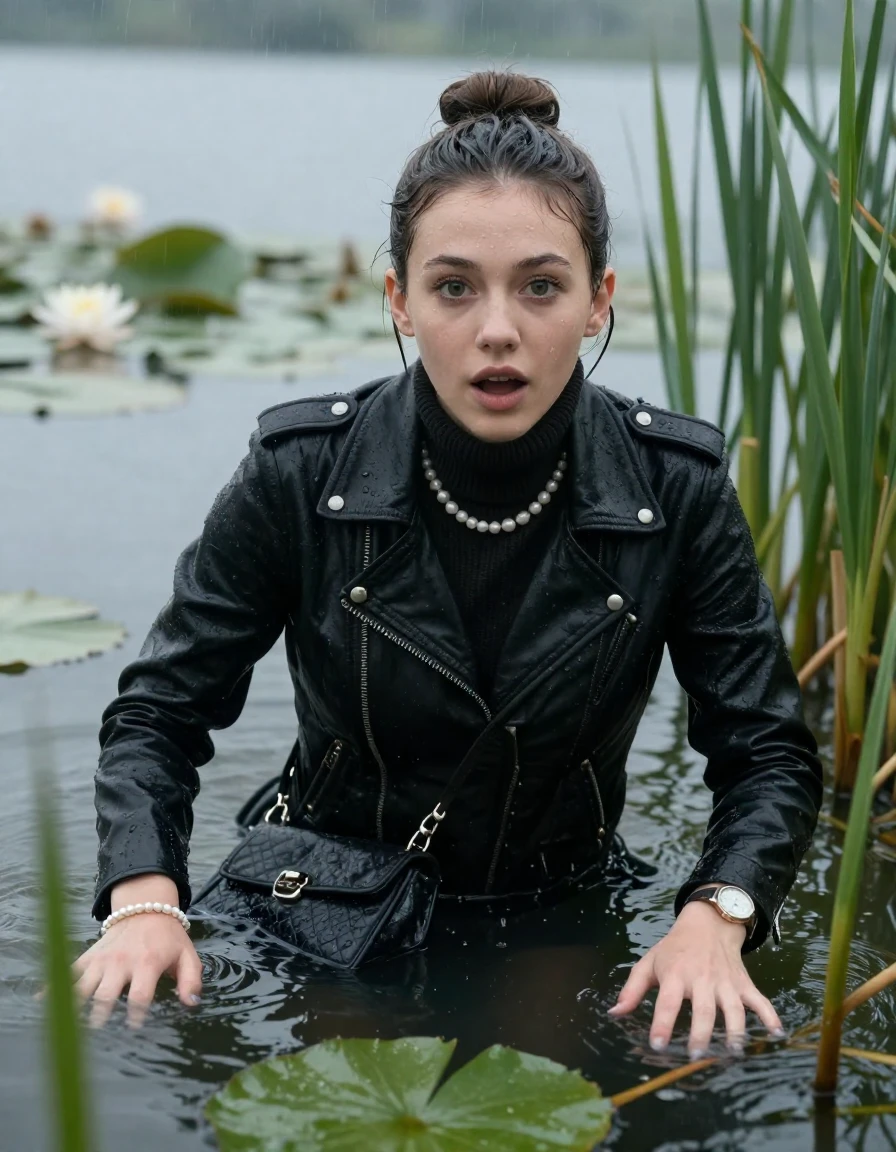 photo of young woman, in soaking wet, drenched clothes,
, , black biker leatherjacket,  knit turtleneck sweater, handbag, pearl necklace, bracelet, wristwatch , Emerging after diving in a lake with water lilies and reeds, rain , 
enjoying, wet clothes stuck to body,
detailed textures of the wet clothes, wet face, wet plastered hair,
wet, drenched, professional, high-quality details, full body view.
sharp focus, ultra-high pixel detail, realistic, high-quality, full colors, incredibly detailed, 4k, 8k, 16k, hyper-realistic, RAW photo, masterpiece, ultra-detailed, professionally color graded, professional photograph, Sleek bun 

19 years old  teenage girl

open mouth, big eyes, Laying her breast and arms on the surface.  Looking at camera.

she is completely underwater up to her neck, afraid and astonished expression.

She hides in the reeds and is surprised by spectators

her submerged clothes are hardly vusible under water, she soaked her handbag into the water

close up view, wet skin, wet clothes, wet hair, damp fabric, water runs down the clothes, wet skin, wet clothes, damp fabric, wet skin, wet clothes, damp fabric, wet skin, wet clothes, damp fabric, wet skin, wet clothes, damp fabric, wet skin, wet clothes, damp fabric, wet skin, wet clothes, damp fabric, wet skin, wet clothes, damp fabric, wet skin, wet clothes, damp fabric, wet skin, wet clothes, damp fabric, wet skin, wet clothes, damp fabric, wet skin, wet clothes, damp fabric, wet skin, wet clothes, damp fabric, wet skin, wet clothes, damp fabric, wet skin, wet clothes, damp fabric, wet skin, wet clothes, damp fabric, wet skin, wet clothes, damp fabric, wet skin, wet clothes, damp fabric