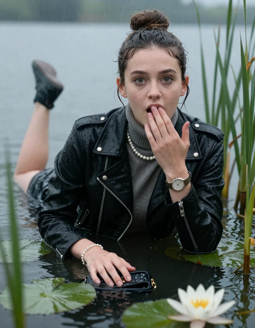 photo of young woman, in soaking wet, drenched clothes,
, , black biker leatherjacket,  knit turtleneck sweater, handbag, pearl necklace, bracelet, wristwatch , Emerging after diving in a lake with water lilies and reeds, rain , 
enjoying, wet clothes stuck to body,
detailed textures of the wet clothes, wet face, wet plastered hair,
wet, drenched, professional, high-quality details, full body view.
sharp focus, ultra-high pixel detail, realistic, high-quality, full colors, incredibly detailed, 4k, 8k, 16k, hyper-realistic, RAW photo, masterpiece, ultra-detailed, professionally color graded, professional photograph, Sleek bun 

19 years old  teenage girl

open mouth, big eyes. 0ne hand over mouth, one hand up with stinky finger. Laying her breast and arms on the surface.  Whole body and shoulders are submerged under the surface. Looking at camera.

she is completely underwater up to her neck, afraid and astonished expression.

She hides in the reeds and is surprised by spectators

her submerged clothes are hardly vusible under water, she soaked her handbag into the water

close up view, wet skin, wet clothes, wet hair, damp fabric, water runs down the clothes, wet skin, wet clothes, damp fabric, wet skin, wet clothes, damp fabric, wet skin, wet clothes, damp fabric, wet skin, wet clothes, damp fabric, wet skin, wet clothes, damp fabric, wet skin, wet clothes, damp fabric, wet skin, wet clothes, damp fabric, wet skin, wet clothes, damp fabric, wet skin, wet clothes, damp fabric, wet skin, wet clothes, damp fabric, wet skin, wet clothes, damp fabric, wet skin, wet clothes, damp fabric, wet skin, wet clothes, damp fabric, wet skin, wet clothes, damp fabric, wet skin, wet clothes, damp fabric, wet skin, wet clothes, damp fabric, wet skin, wet clothes, damp fabric, wet skin, wet clothes, damp fabric