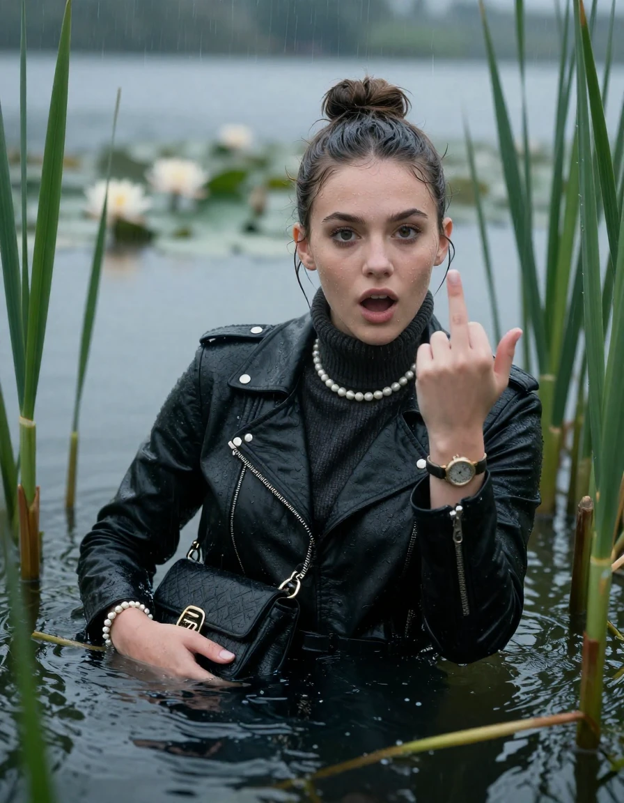 photo of young woman, in soaking wet, drenched clothes,
, , black biker leatherjacket,  knit turtleneck sweater, handbag, pearl necklace, bracelet, wristwatch , Emerging after diving in a lake with water lilies and reeds, rain , 
enjoying, wet clothes stuck to body,
detailed textures of the wet clothes, wet face, wet plastered hair,
wet, drenched, professional, high-quality details, full body view.
sharp focus, ultra-high pixel detail, realistic, high-quality, full colors, incredibly detailed, 4k, 8k, 16k, hyper-realistic, RAW photo, masterpiece, ultra-detailed, professionally color graded, professional photograph, Sleek bun 

19 years old  teenage girl

open mouth, big eyes. 0ne hand over mouth, a hand raised with the middle finger up. Laying her breast and arms on the surface.  Whole body and shoulders are submerged under the surface. Looking at camera.

she is completely underwater up to her neck, afraid and astonished expression.

She hides in the reeds and is surprised by spectators

her submerged clothes are hardly vusible under water, she soaked her handbag into the water

close up view, wet skin, wet clothes, wet hair, damp fabric, water runs down the clothes, wet skin, wet clothes, damp fabric, wet skin, wet clothes, damp fabric, wet skin, wet clothes, damp fabric, wet skin, wet clothes, damp fabric, wet skin, wet clothes, damp fabric, wet skin, wet clothes, damp fabric, wet skin, wet clothes, damp fabric, wet skin, wet clothes, damp fabric, wet skin, wet clothes, damp fabric, wet skin, wet clothes, damp fabric, wet skin, wet clothes, damp fabric, wet skin, wet clothes, damp fabric, wet skin, wet clothes, damp fabric, wet skin, wet clothes, damp fabric, wet skin, wet clothes, damp fabric, wet skin, wet clothes, damp fabric, wet skin, wet clothes, damp fabric, wet skin, wet clothes, damp fabric