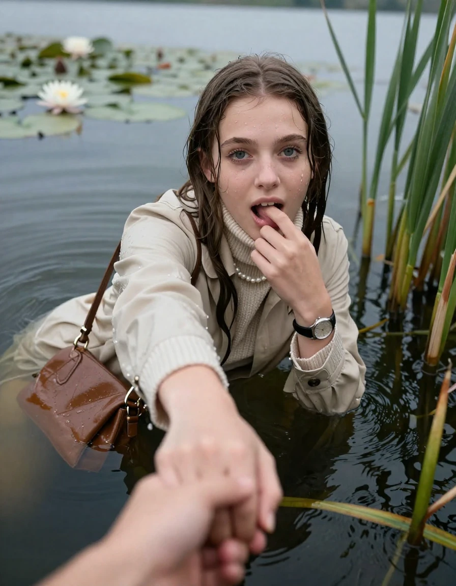 photo of young woman, in soaking wet, drenched clothes,
, , beige woolen wintercoat,  knit turtleneck sweater, handbag, pearl necklace, bracelet, wristwatch, Emerging after diving in a lake with water lilies and reeds, 
enjoying, wet clothes stuck to body,
detailed textures of the wet clothes, wet face, wet plastered hair,
wet, drenched, professional, high-quality details, full body view.
sharp focus, ultra-high pixel detail, realistic, high-quality, full colors, incredibly detailed, 4k, 8k, 16k, hyper-realistic, RAW photo, masterpiece, ultra-detailed, professionally color graded, professional photograph, Sleek long straight hair

15 years old  teenage girl

open mouth, big eyes. 0ne hand with a finger at her tongue  inside her mouth, hold with the other the viewer's hand, pulling them toward the center of the water. Laying her breast and arms on the surface.  Whole body and shoulders are submerged under the surface. Looking up at camera.

she is completely underwater up to her neck,  horny and sexuell aroused expression.

She hides in the reeds.

her submerged clothes are hardly vusible under water, she soaked her handbag into the water

close up view, wet skin, wet clothes, wet hair, damp fabric, water runs down the clothes, wet skin, wet clothes, damp fabric, wet skin, wet clothes, damp fabric, wet skin, wet clothes, damp fabric, wet skin, wet clothes, damp fabric, wet skin, wet clothes, damp fabric, wet skin, wet clothes, damp fabric, wet skin, wet clothes, damp fabric, wet skin, wet clothes, damp fabric, wet skin, wet clothes, damp fabric, wet skin, wet clothes, damp fabric, wet skin, wet clothes, damp fabric, wet skin, wet clothes, damp fabric, wet skin, wet clothes, damp fabric, wet skin, wet clothes, damp fabric, wet skin, wet clothes, damp fabric, wet skin, wet clothes, damp fabric, wet skin, wet clothes, damp fabric, wet skin, wet clothes, damp fabric, wet skin, wet clothes, damp fabric