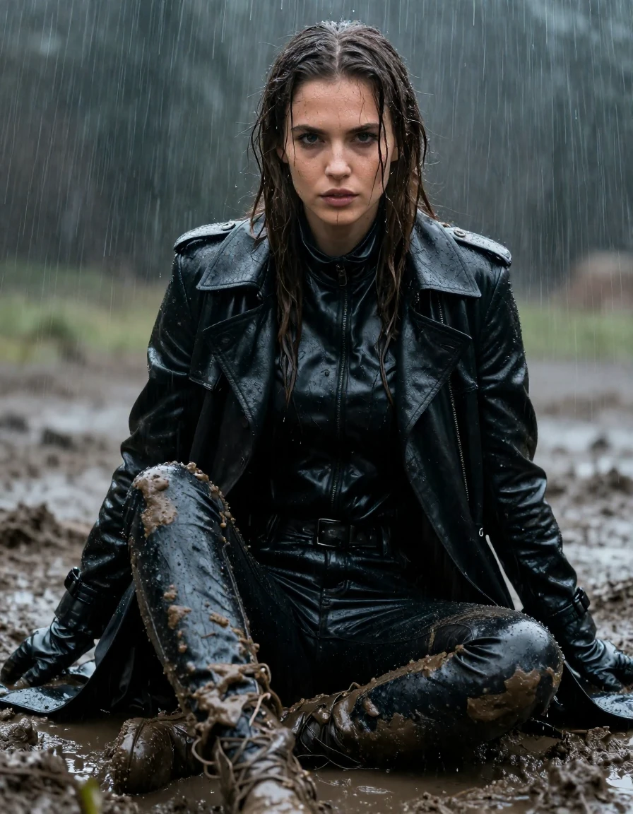 A photorealistic medium shot of a young adult European woman with long, dripping wet brown hair, sitting inside a messy mud pit during a heavy rainstorm. She is wearing a black leather polar neck shirt, a black leather trench coat, and black leather gloves on both hands. Her lower body is clad in black leather jeans, which are heavily saturated with mud and rainwater, showing deep, glossy, wet-sheen reflections, clinging to her skin with heavy folds and texture. Her skin is glistening with rainwater and streaked with thick, dark mud. She is positioned directly under a heavy downpour, with water cascading over her face and clothes. The black leather materials are deeply soaked, showing a high-gloss, reflective wet texture, dark and heavy with moisture. The scene is captured with sharp focus, emphasizing the contrast between the dark, wet leather, the thick mud, and the glistening water droplets. High-detail skin texture, realistic wet hair strands, cinematic lighting, moody atmosphere, 8k resolution, highly detailed textures.