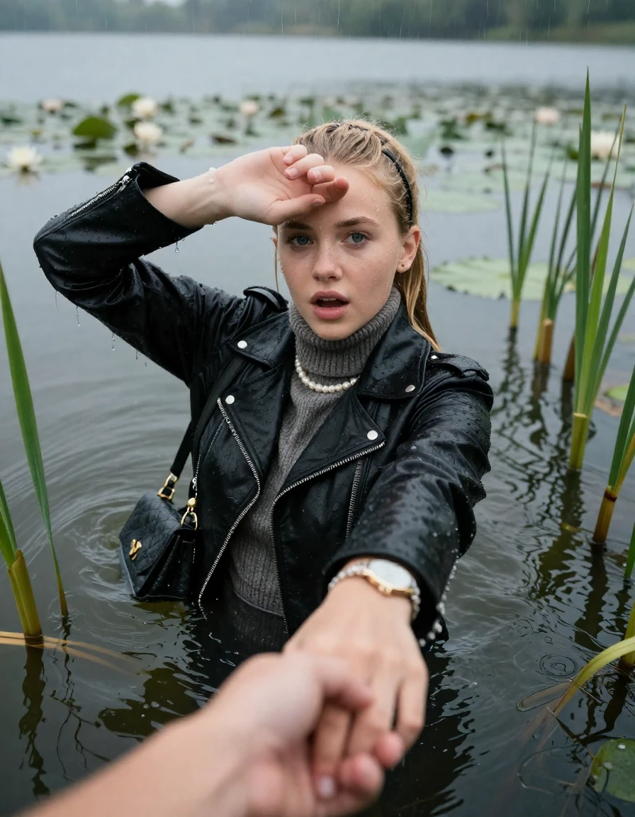 photo of young woman, in soaking wet, drenched clothes,
, , black biker leatherjacket,  knit turtleneck sweater, handbag, pearl necklace, bracelet, wristwatch , Emerging after diving in a lake with water lilies and reeds, rain , 
enjoying, wet clothes stuck to body,
detailed textures of the wet clothes, wet face, wet plastered hair,
wet, drenched, professional, high-quality details, full body view.
sharp focus, ultra-high pixel detail, realistic, high-quality, full colors, incredibly detailed, 4k, 8k, 16k, hyper-realistic, RAW photo, masterpiece, ultra-detailed, professionally color graded, professional photograph, blonde Sleek long ponytail with hairband

15 years old  teenage girl

open mouth, big eyes. 0ne hand on forehead, hold with the other the viewer's hand, pulling them toward the center of the water. Laying her breast and arms on the surface.  Whole body and shoulders are submerged under the surface. Looking at camera.

she is completely underwater up to her neck,  gasping expression.

She hides in the reeds.

her submerged clothes are hardly vusible under water, she soaked her handbag into the water

close up view, wet skin, wet clothes, wet hair, damp fabric, water runs down the clothes, wet skin, wet clothes, damp fabric, wet skin, wet clothes, damp fabric, wet skin, wet clothes, damp fabric, wet skin, wet clothes, damp fabric, wet skin, wet clothes, damp fabric, wet skin, wet clothes, damp fabric, wet skin, wet clothes, damp fabric, wet skin, wet clothes, damp fabric, wet skin, wet clothes, damp fabric, wet skin, wet clothes, damp fabric, wet skin, wet clothes, damp fabric, wet skin, wet clothes, damp fabric, wet skin, wet clothes, damp fabric, wet skin, wet clothes, damp fabric, wet skin, wet clothes, damp fabric, wet skin, wet clothes, damp fabric, wet skin, wet clothes, damp fabric, wet skin, wet clothes, damp fabric, wet skin, wet clothes, damp fabric