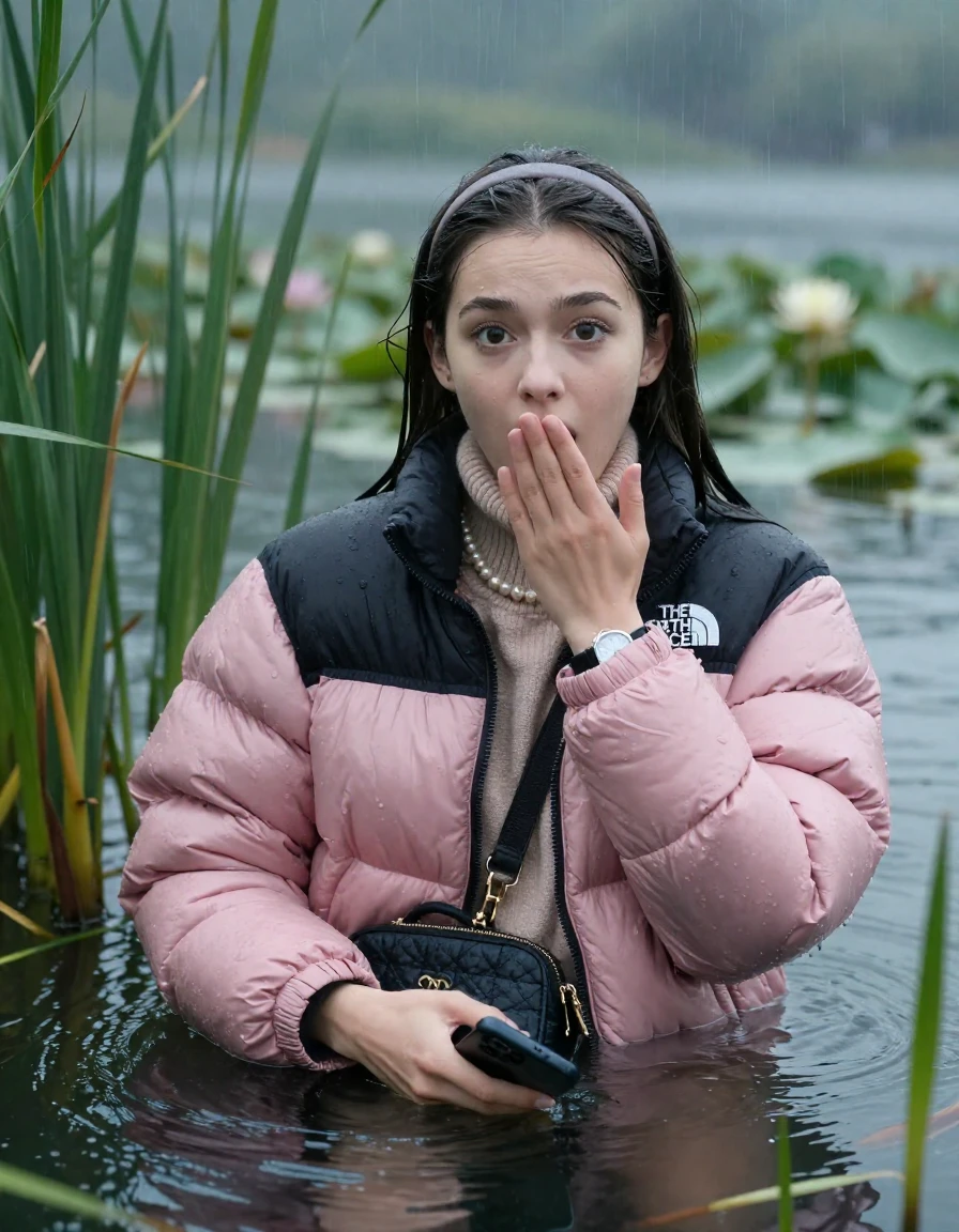 photo of young woman, in soaking wet, drenched clothes,
, , Light pink puffer down jacket from north face,  knit turtleneck sweater, handbag, pearl necklace, bracelet, wristwatch , Emerging after diving in a lake with water lilies and reeds, rain , 
enjoying, wet clothes stuck to body,
detailed textures of the wet clothes, wet face, wet plastered hair,
wet, drenched, professional, high-quality details, full body view.
sharp focus, ultra-high pixel detail, realistic, high-quality, full colors, incredibly detailed, 4k, 8k, 16k, hyper-realistic, RAW photo, masterpiece, ultra-detailed, professionally color graded, professional photograph, Sleek long straight hair with hairband

19 years old  teenage girl

open mouth, big eyes, cover her mouth with a hand and in the other hand her smartphone. Laying her breast on the surface.  Looking at camera.

she is completely underwater up to her neck, afraid and astonished expression.

She hides in the reeds and is surprised by spectators

her submerged clothes are hardly vusible under water, she soaked her handbag into the water

close up view, wet skin, wet clothes, wet hair, damp fabric, water runs down the clothes, wet skin, wet clothes, damp fabric, wet skin, wet clothes, damp fabric, wet skin, wet clothes, damp fabric, wet skin, wet clothes, damp fabric, wet skin, wet clothes, damp fabric, wet skin, wet clothes, damp fabric, wet skin, wet clothes, damp fabric, wet skin, wet clothes, damp fabric, wet skin, wet clothes, damp fabric, wet skin, wet clothes, damp fabric, wet skin, wet clothes, damp fabric, wet skin, wet clothes, damp fabric, wet skin, wet clothes, damp fabric, wet skin, wet clothes, damp fabric, wet skin, wet clothes, damp fabric, wet skin, wet clothes, damp fabric, wet skin, wet clothes, damp fabric