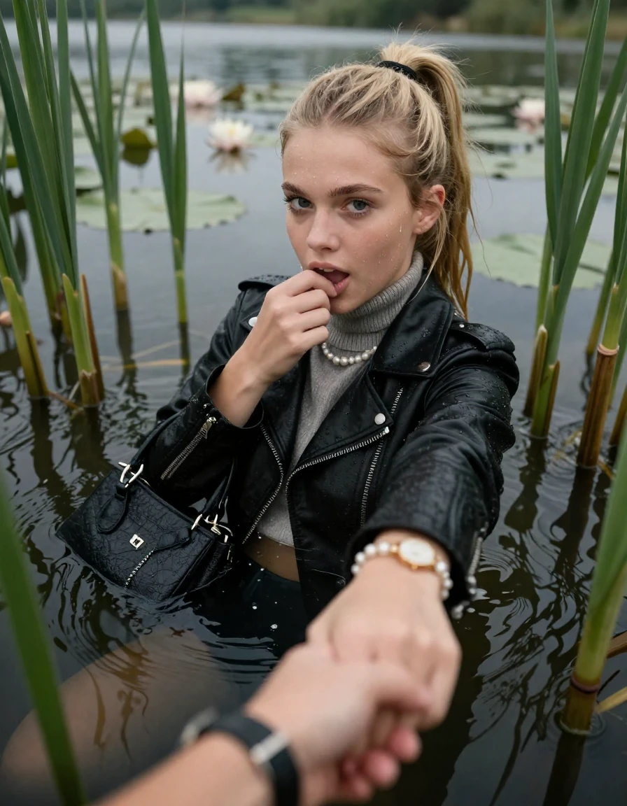 photo of young woman, in soaking wet, drenched clothes,
, , black biker leatherjacket,  knit turtleneck sweater, handbag, pearl necklace, bracelet, wristwatch , Emerging after diving in a lake with water lilies and reeds, 
enjoying, wet clothes stuck to body,
detailed textures of the wet clothes, wet face, wet plastered hair,
wet, drenched, professional, high-quality details, full body view.
sharp focus, ultra-high pixel detail, realistic, high-quality, full colors, incredibly detailed, 4k, 8k, 16k, hyper-realistic, RAW photo, masterpiece, ultra-detailed, professionally color graded, professional photograph, blonde Sleek long ponytail with hairband

15 years old  teenage girl

open mouth, big eyes. 0ne hand with a finger inside her mouth, hold with the other the viewer's hand, pulling them toward the center of the water. Laying her breast and arms on the surface.  Whole body and shoulders are submerged under the surface. Looking at camera.

she is completely underwater up to her neck,  horny and sexuell aroused expression.

She hides in the reeds.

her submerged clothes are hardly vusible under water, she soaked her handbag into the water

close up view, wet skin, wet clothes, wet hair, damp fabric, water runs down the clothes, wet skin, wet clothes, damp fabric, wet skin, wet clothes, damp fabric, wet skin, wet clothes, damp fabric, wet skin, wet clothes, damp fabric, wet skin, wet clothes, damp fabric, wet skin, wet clothes, damp fabric, wet skin, wet clothes, damp fabric, wet skin, wet clothes, damp fabric, wet skin, wet clothes, damp fabric, wet skin, wet clothes, damp fabric, wet skin, wet clothes, damp fabric, wet skin, wet clothes, damp fabric, wet skin, wet clothes, damp fabric, wet skin, wet clothes, damp fabric, wet skin, wet clothes, damp fabric, wet skin, wet clothes, damp fabric, wet skin, wet clothes, damp fabric, wet skin, wet clothes, damp fabric, wet skin, wet clothes, damp fabric