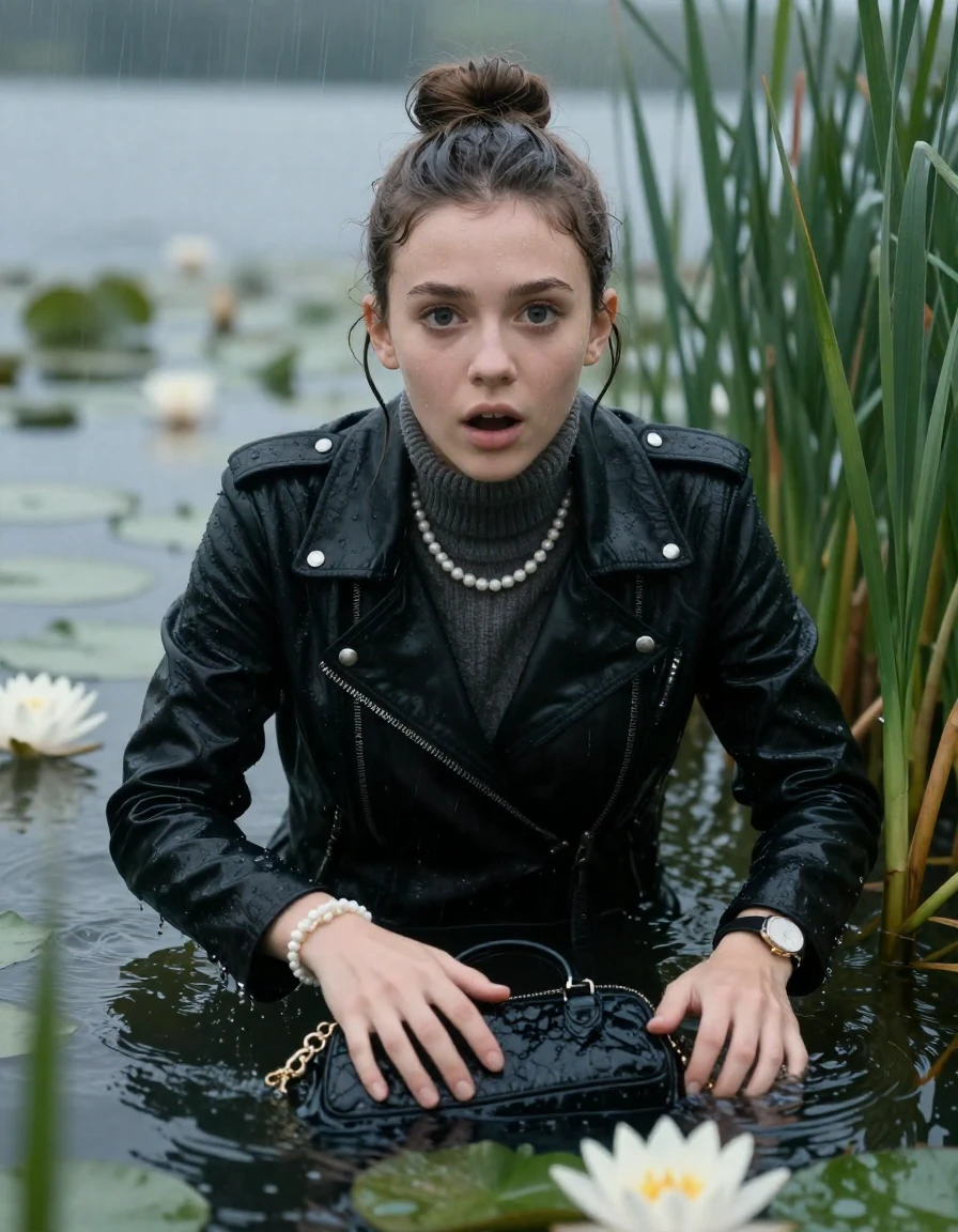 photo of young woman, in soaking wet, drenched clothes,
, , black biker leatherjacket,  knit turtleneck sweater, handbag, pearl necklace, bracelet, wristwatch , Emerging after diving in a lake with water lilies and reeds, rain , 
enjoying, wet clothes stuck to body,
detailed textures of the wet clothes, wet face, wet plastered hair,
wet, drenched, professional, high-quality details, full body view.
sharp focus, ultra-high pixel detail, realistic, high-quality, full colors, incredibly detailed, 4k, 8k, 16k, hyper-realistic, RAW photo, masterpiece, ultra-detailed, professionally color graded, professional photograph, Sleek bun 

19 years old  teenage girl

open mouth, big eyes, Laying her breast on the surface.  Looking at camera.

she is completely underwater up to her neck, afraid and astonished expression.

She hides in the reeds and is surprised by spectators

her submerged clothes are hardly vusible under water, she soaked her handbag into the water

close up view, wet skin, wet clothes, wet hair, damp fabric, water runs down the clothes, wet skin, wet clothes, damp fabric, wet skin, wet clothes, damp fabric, wet skin, wet clothes, damp fabric, wet skin, wet clothes, damp fabric, wet skin, wet clothes, damp fabric, wet skin, wet clothes, damp fabric, wet skin, wet clothes, damp fabric, wet skin, wet clothes, damp fabric, wet skin, wet clothes, damp fabric, wet skin, wet clothes, damp fabric, wet skin, wet clothes, damp fabric, wet skin, wet clothes, damp fabric, wet skin, wet clothes, damp fabric, wet skin, wet clothes, damp fabric, wet skin, wet clothes, damp fabric, wet skin, wet clothes, damp fabric, wet skin, wet clothes, damp fabric