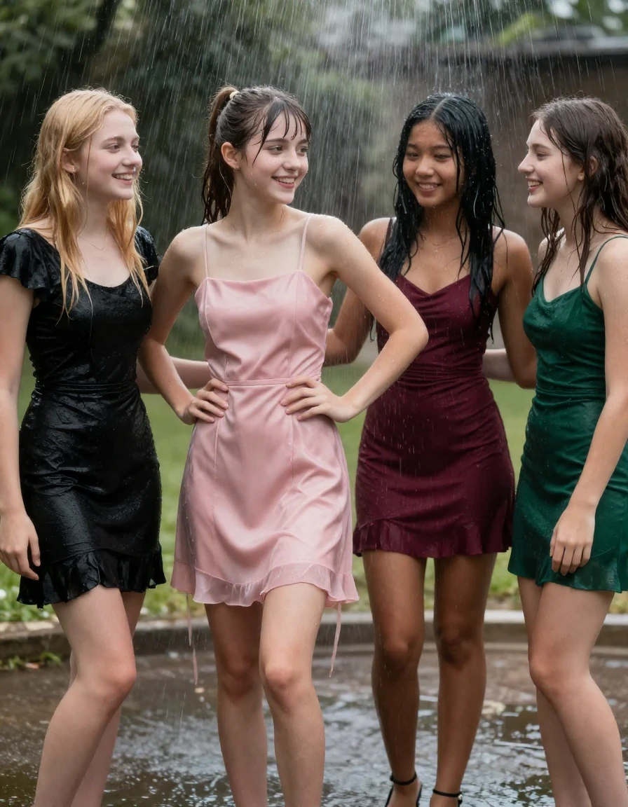 photo of young woman, in soaking wet, drenched clothes,
, , dress, 4 college girls playing at a dance when it started pouring water from the ceiling on them, 
enjoying, wet clothes stuck to body,
detailed textures of the wet clothes, wet face, wet plastered hair,
wet, drenched, professional, high-quality details, full body view.
sharp focus, ultra-high pixel detail, realistic, high-quality, full colors, incredibly detailed, 4k, 8k, 16k, hyper-realistic, RAW photo, masterpiece, ultra-detailed, professionally color graded, professional photograph, college girls both having fun together. All a similar age, a nineteen year old girl, with a flat and slim body, skinny body, flat and skinny chest, a She has a wide square young face but a small very skinny waist and skinny legs, a very small chest and very small breasts, she is a pale brunette with ponytail and bangs, She has a small body, She is full of youthful energy. wearing a pink formal satin cocktail dress with a straight neckline and loose dress straps, her right dress strap has fallen off her shoulder and down her arm, she has her hands on her hips,. Her friend has blonde hair and is quite skinny, ,a wide square face, she is wearing a fit black short sleeve coctail dress. The third girl is 19, with a tan complexion and dark black hair, she is wearing a maroon mini dress, The 4th girl is brunette with a small body and thin legs, she is wearing a green prom dress, all of them except the blonde girl have very small breasts. wet skin, wet clothes, damp fabric,, wet skin, wet clothes, damp fabric, wet skin, wet clothes, damp fabric, wet skin, wet clothes, damp fabric, wet skin, wet clothes, damp fabric, wet skin, wet clothes, damp fabric, wet skin, wet clothes, damp fabric