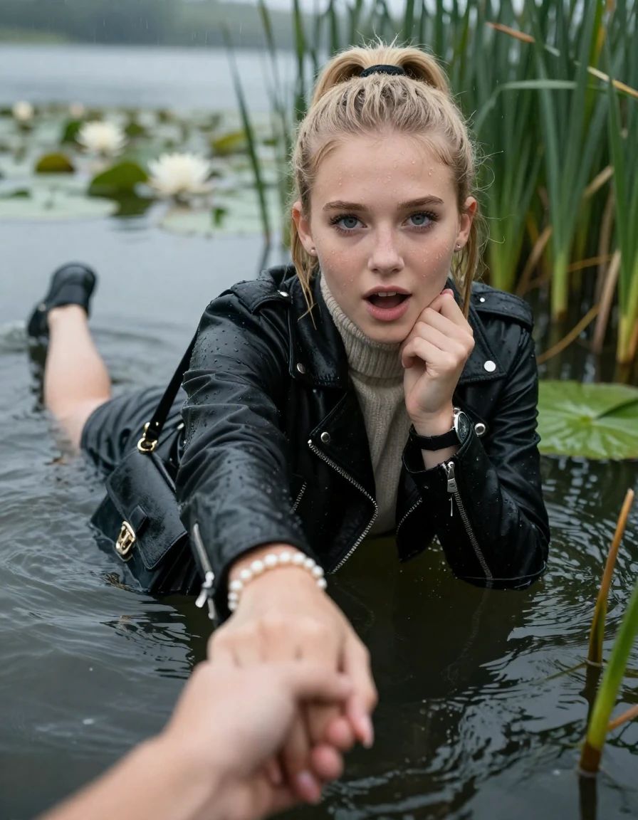 photo of young woman, in soaking wet, drenched clothes,
, , black biker leatherjacket,  knit turtleneck sweater, handbag, pearl necklace, bracelet, wristwatch , Emerging after diving in a lake with water lilies and reeds, rain , 
enjoying, wet clothes stuck to body,
detailed textures of the wet clothes, wet face, wet plastered hair,
wet, drenched, professional, high-quality details, full body view.
sharp focus, ultra-high pixel detail, realistic, high-quality, full colors, incredibly detailed, 4k, 8k, 16k, hyper-realistic, RAW photo, masterpiece, ultra-detailed, professionally color graded, professional photograph, blonde Sleek long ponytail with hairband

15 years old  teenage girl

open mouth, big eyes. 0ne hand on chin, hold with the other the viewer's hand, pulling them toward the center of the water. Laying her breast and arms on the surface.  Whole body and shoulders are submerged under the surface. Looking at camera.

she is completely underwater up to her neck,  gasping expression.

She hides in the reeds.

her submerged clothes are hardly vusible under water, she soaked her handbag into the water

close up view, wet skin, wet clothes, wet hair, damp fabric, water runs down the clothes, wet skin, wet clothes, damp fabric, wet skin, wet clothes, damp fabric, wet skin, wet clothes, damp fabric, wet skin, wet clothes, damp fabric, wet skin, wet clothes, damp fabric, wet skin, wet clothes, damp fabric, wet skin, wet clothes, damp fabric, wet skin, wet clothes, damp fabric, wet skin, wet clothes, damp fabric, wet skin, wet clothes, damp fabric, wet skin, wet clothes, damp fabric, wet skin, wet clothes, damp fabric, wet skin, wet clothes, damp fabric, wet skin, wet clothes, damp fabric, wet skin, wet clothes, damp fabric, wet skin, wet clothes, damp fabric, wet skin, wet clothes, damp fabric, wet skin, wet clothes, damp fabric, wet skin, wet clothes, damp fabric