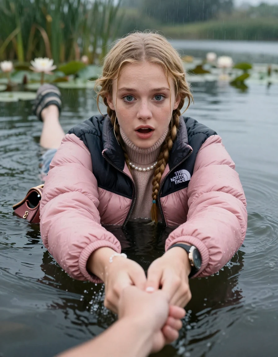 photo of young woman, in soaking wet, drenched clothes,
, , pink puffer down jacket from north face,  knit turtleneck sweater, handbag, pearl necklace, bracelet, wristwatch , swimming in a lake with water lilies and reeds, rain , 
enjoying, wet clothes stuck to body,
detailed textures of the wet clothes, wet face, wet plastered hair,
wet, drenched, professional, high-quality details, full body view.
sharp focus, ultra-high pixel detail, realistic, high-quality, full colors, incredibly detailed, 4k, 8k, 16k, hyper-realistic, RAW photo, masterpiece, ultra-detailed, professionally color graded, professional photograph, two blonde sleek long braids

19 years old  teenage girl, afraid and astonished expression.

open mouth, big eyes. hold with her hands the female viewer's hand, pulling them toward the center of the water. Laying her breast and arms on the surface.  Whole body and shoulders are submerged under the surface.

she is completely underwater up to her neck. leaning slightly forewards.

her submerged clothes are hardly vusible under water, she soaked her handbag into the water

close up view, wet skin, wet clothes, wet hair, damp fabric, water runs down the clothes, wet skin, wet clothes, damp fabric, wet skin, wet clothes, damp fabric, wet skin, wet clothes, damp fabric, wet skin, wet clothes, damp fabric, wet skin, wet clothes, damp fabric, wet skin, wet clothes, damp fabric, wet skin, wet clothes, damp fabric, wet skin, wet clothes, damp fabric, wet skin, wet clothes, damp fabric, wet skin, wet clothes, damp fabric, wet skin, wet clothes, damp fabric, wet skin, wet clothes, damp fabric, wet skin, wet clothes, damp fabric, wet skin, wet clothes, damp fabric, wet skin, wet clothes, damp fabric, wet skin, wet clothes, damp fabric, wet skin, wet clothes, damp fabric, wet skin, wet clothes, damp fabric, wet skin, wet clothes, damp fabric, wet skin, wet clothes, damp fabric