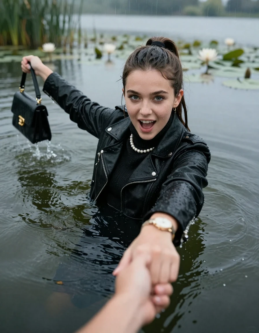 photo of young woman, in soaking wet, drenched clothes,
, , black biker leatherjacket,  knit turtleneck sweater, handbag, pearl necklace, bracelet, wristwatch , Emerging after diving in a lake with water lilies and reeds, rain , 
enjoying, wet clothes stuck to body,
detailed textures of the wet clothes, wet face, wet plastered hair,
wet, drenched, professional, high-quality details, full body view.
sharp focus, ultra-high pixel detail, realistic, high-quality, full colors, incredibly detailed, 4k, 8k, 16k, hyper-realistic, RAW photo, masterpiece, ultra-detailed, professionally color graded, professional photograph, brunette Sleek long ponytail with hairband

19 years old  teenage girl, horny and joyful  expression.

open mouth, big eyes. hold with her hands the female viewer's hand, pulling them toward the center of the water. Laying her breast and arms on the surface.  Whole body and shoulders are submerged under the surface.

she is completely underwater up to her neck and is in danger of drowning.

her submerged clothes are hardly vusible under water, she soaked her handbag into the water

close up view, wet skin, wet clothes, wet hair, damp fabric, water runs down the clothes, wet skin, wet clothes, damp fabric, wet skin, wet clothes, damp fabric, wet skin, wet clothes, damp fabric, wet skin, wet clothes, damp fabric, wet skin, wet clothes, damp fabric, wet skin, wet clothes, damp fabric, wet skin, wet clothes, damp fabric, wet skin, wet clothes, damp fabric, wet skin, wet clothes, damp fabric, wet skin, wet clothes, damp fabric, wet skin, wet clothes, damp fabric, wet skin, wet clothes, damp fabric, wet skin, wet clothes, damp fabric, wet skin, wet clothes, damp fabric, wet skin, wet clothes, damp fabric, wet skin, wet clothes, damp fabric, wet skin, wet clothes, damp fabric, wet skin, wet clothes, damp fabric