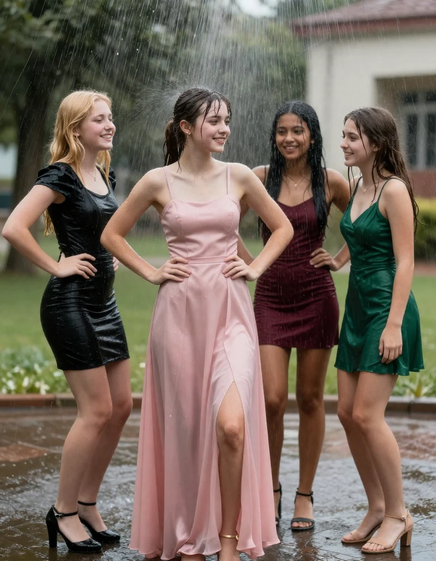 photo of young woman, in soaking wet, drenched clothes,
, , dress, 4 college girls playing at a dance when it started pouring water from the ceiling on them, 
enjoying, wet clothes stuck to body,
detailed textures of the wet clothes, wet face, wet plastered hair,
wet, drenched, professional, high-quality details, full body view.
sharp focus, ultra-high pixel detail, realistic, high-quality, full colors, incredibly detailed, 4k, 8k, 16k, hyper-realistic, RAW photo, masterpiece, ultra-detailed, professionally color graded, professional photograph, college girls both having fun together. All a similar age, a nineteen year old girl, with a flat and slim body, skinny body, flat and skinny chest, a She has a wide square young face but a small very skinny waist and skinny legs, a very small chest and very small breasts, she is a pale brunette with ponytail and bangs, She has a small body, She is full of youthful energy. wearing a pink formal satin cocktail dress with a straight neckline and 2 straps, she has her hands on her hips,. Her friend has blonde hair and is quite skinny, ,a wide square face, she is wearing a fit black short sleeve coctail dress. The third girl is 19, with a tan complexion and dark black hair, she is wearing a maroon mini dress, The 4th girl is brunette with a small body and thin legs, she is wearing a green prom dress, all of them except the blonde girl have very small breasts. wet skin, wet clothes, damp fabric,, wet skin, wet clothes, damp fabric, wet skin, wet clothes, damp fabric, wet skin, wet clothes, damp fabric, wet skin, wet clothes, damp fabric, wet skin, wet clothes, damp fabric, wet skin, wet clothes, damp fabric