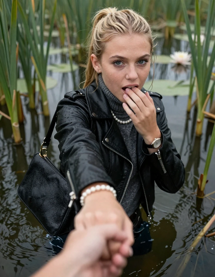 photo of young woman, in soaking wet, drenched clothes,
, , black biker leatherjacket,  knit turtleneck sweater, handbag, pearl necklace, bracelet, wristwatch , Emerging after diving in a lake with water lilies and reeds, 
enjoying, wet clothes stuck to body,
detailed textures of the wet clothes, wet face, wet plastered hair,
wet, drenched, professional, high-quality details, full body view.
sharp focus, ultra-high pixel detail, realistic, high-quality, full colors, incredibly detailed, 4k, 8k, 16k, hyper-realistic, RAW photo, masterpiece, ultra-detailed, professionally color graded, professional photograph, blonde Sleek long ponytail with hairband

15 years old  teenage girl

open mouth, big eyes. 0ne hand in her mouth, hold with the other the viewer's hand, pulling them toward the center of the water. Laying her breast and arms on the surface.  Whole body and shoulders are submerged under the surface. Looking at camera.

she is completely underwater up to her neck,  gasping expression.

She hides in the reeds.

her submerged clothes are hardly vusible under water, she soaked her handbag into the water

close up view, wet skin, wet clothes, wet hair, damp fabric, water runs down the clothes, wet skin, wet clothes, damp fabric, wet skin, wet clothes, damp fabric, wet skin, wet clothes, damp fabric, wet skin, wet clothes, damp fabric, wet skin, wet clothes, damp fabric, wet skin, wet clothes, damp fabric, wet skin, wet clothes, damp fabric, wet skin, wet clothes, damp fabric, wet skin, wet clothes, damp fabric, wet skin, wet clothes, damp fabric, wet skin, wet clothes, damp fabric, wet skin, wet clothes, damp fabric, wet skin, wet clothes, damp fabric, wet skin, wet clothes, damp fabric, wet skin, wet clothes, damp fabric, wet skin, wet clothes, damp fabric, wet skin, wet clothes, damp fabric, wet skin, wet clothes, damp fabric, wet skin, wet clothes, damp fabric