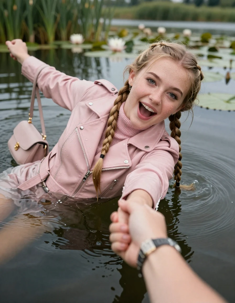 photo of young woman, in soaking wet, drenched clothes,
, , light pink biker leatherjacket,  knit turtleneck sweater, handbag, pearl necklace, bracelet, wristwatch , submerge backwards in a lake with water lilies and reeds, 
enjoying, wet clothes stuck to body,
detailed textures of the wet clothes, wet face, wet plastered hair,
wet, drenched, professional, high-quality details, full body view.
sharp focus, ultra-high pixel detail, realistic, high-quality, full colors, incredibly detailed, 4k, 8k, 16k, hyper-realistic, RAW photo, masterpiece, ultra-detailed, professionally color graded, professional photograph, two blonde sleek long braids

19 years old  teenage girl, horny and joyful  expression.

open mouth, big eyes. hold with her hands the female viewer's hand, pulling them toward the center of the water. Laying her breast and arms on the surface.  Whole body and shoulders are submerged under the surface.

she is completely underwater up to her neck. leaning slightly forewards.

her submerged clothes are hardly vusible under water, she soaked her handbag into the water

close up view, wet skin, wet clothes, wet hair, damp fabric, water runs down the clothes, wet skin, wet clothes, damp fabric, wet skin, wet clothes, damp fabric, wet skin, wet clothes, damp fabric, wet skin, wet clothes, damp fabric, wet skin, wet clothes, damp fabric, wet skin, wet clothes, damp fabric, wet skin, wet clothes, damp fabric, wet skin, wet clothes, damp fabric, wet skin, wet clothes, damp fabric, wet skin, wet clothes, damp fabric, wet skin, wet clothes, damp fabric, wet skin, wet clothes, damp fabric, wet skin, wet clothes, damp fabric, wet skin, wet clothes, damp fabric, wet skin, wet clothes, damp fabric, wet skin, wet clothes, damp fabric, wet skin, wet clothes, damp fabric, wet skin, wet clothes, damp fabric