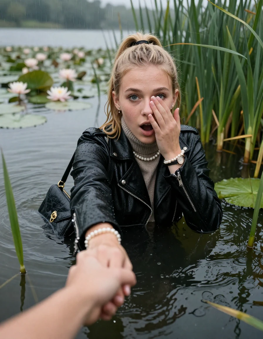 photo of young woman, in soaking wet, drenched clothes,
, , black biker leatherjacket,  knit turtleneck sweater, handbag, pearl necklace, bracelet, wristwatch , Emerging after diving in a lake with water lilies and reeds, rain , 
enjoying, wet clothes stuck to body,
detailed textures of the wet clothes, wet face, wet plastered hair,
wet, drenched, professional, high-quality details, full body view.
sharp focus, ultra-high pixel detail, realistic, high-quality, full colors, incredibly detailed, 4k, 8k, 16k, hyper-realistic, RAW photo, masterpiece, ultra-detailed, professionally color graded, professional photograph, blonde Sleek long ponytail with hairband

19 years old  teenage girl

open mouth, big eyes. 0ne hand over face, hold with the other the viewer's hand, pulling them toward the center of the water. Laying her breast and arms on the surface.  Whole body and shoulders are submerged under the surface. Looking at camera.

she is completely underwater up to her neck,  stupified shocked expression.

She hides in the reeds and is surprised by spectators

her submerged clothes are hardly vusible under water, she soaked her handbag into the water

close up view, wet skin, wet clothes, wet hair, damp fabric, water runs down the clothes, wet skin, wet clothes, damp fabric, wet skin, wet clothes, damp fabric, wet skin, wet clothes, damp fabric, wet skin, wet clothes, damp fabric, wet skin, wet clothes, damp fabric, wet skin, wet clothes, damp fabric, wet skin, wet clothes, damp fabric, wet skin, wet clothes, damp fabric, wet skin, wet clothes, damp fabric, wet skin, wet clothes, damp fabric, wet skin, wet clothes, damp fabric, wet skin, wet clothes, damp fabric, wet skin, wet clothes, damp fabric, wet skin, wet clothes, damp fabric, wet skin, wet clothes, damp fabric, wet skin, wet clothes, damp fabric, wet skin, wet clothes, damp fabric, wet skin, wet clothes, damp fabric