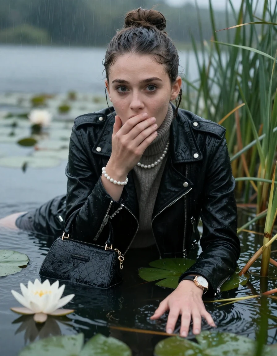 photo of young woman, in soaking wet, drenched clothes,
, , black biker leatherjacket,  knit turtleneck sweater, handbag, pearl necklace, bracelet, wristwatch , Emerging after diving in a lake with water lilies and reeds, rain , 
enjoying, wet clothes stuck to body,
detailed textures of the wet clothes, wet face, wet plastered hair,
wet, drenched, professional, high-quality details, full body view.
sharp focus, ultra-high pixel detail, realistic, high-quality, full colors, incredibly detailed, 4k, 8k, 16k, hyper-realistic, RAW photo, masterpiece, ultra-detailed, professionally color graded, professional photograph, Sleek bun 

19 years old  teenage girl

open mouth, big eyes. 0ne hand over mouth, one hand under water. Laying her breast and arms on the surface.  Whole body and shoulders are submerged under the surface. Looking at camera.

she is completely underwater up to her neck, afraid and astonished expression.

She hides in the reeds and is surprised by spectators

her submerged clothes are hardly vusible under water, she soaked her handbag into the water

close up view, wet skin, wet clothes, wet hair, damp fabric, water runs down the clothes, wet skin, wet clothes, damp fabric, wet skin, wet clothes, damp fabric, wet skin, wet clothes, damp fabric, wet skin, wet clothes, damp fabric, wet skin, wet clothes, damp fabric, wet skin, wet clothes, damp fabric, wet skin, wet clothes, damp fabric, wet skin, wet clothes, damp fabric, wet skin, wet clothes, damp fabric, wet skin, wet clothes, damp fabric, wet skin, wet clothes, damp fabric, wet skin, wet clothes, damp fabric, wet skin, wet clothes, damp fabric, wet skin, wet clothes, damp fabric, wet skin, wet clothes, damp fabric, wet skin, wet clothes, damp fabric, wet skin, wet clothes, damp fabric