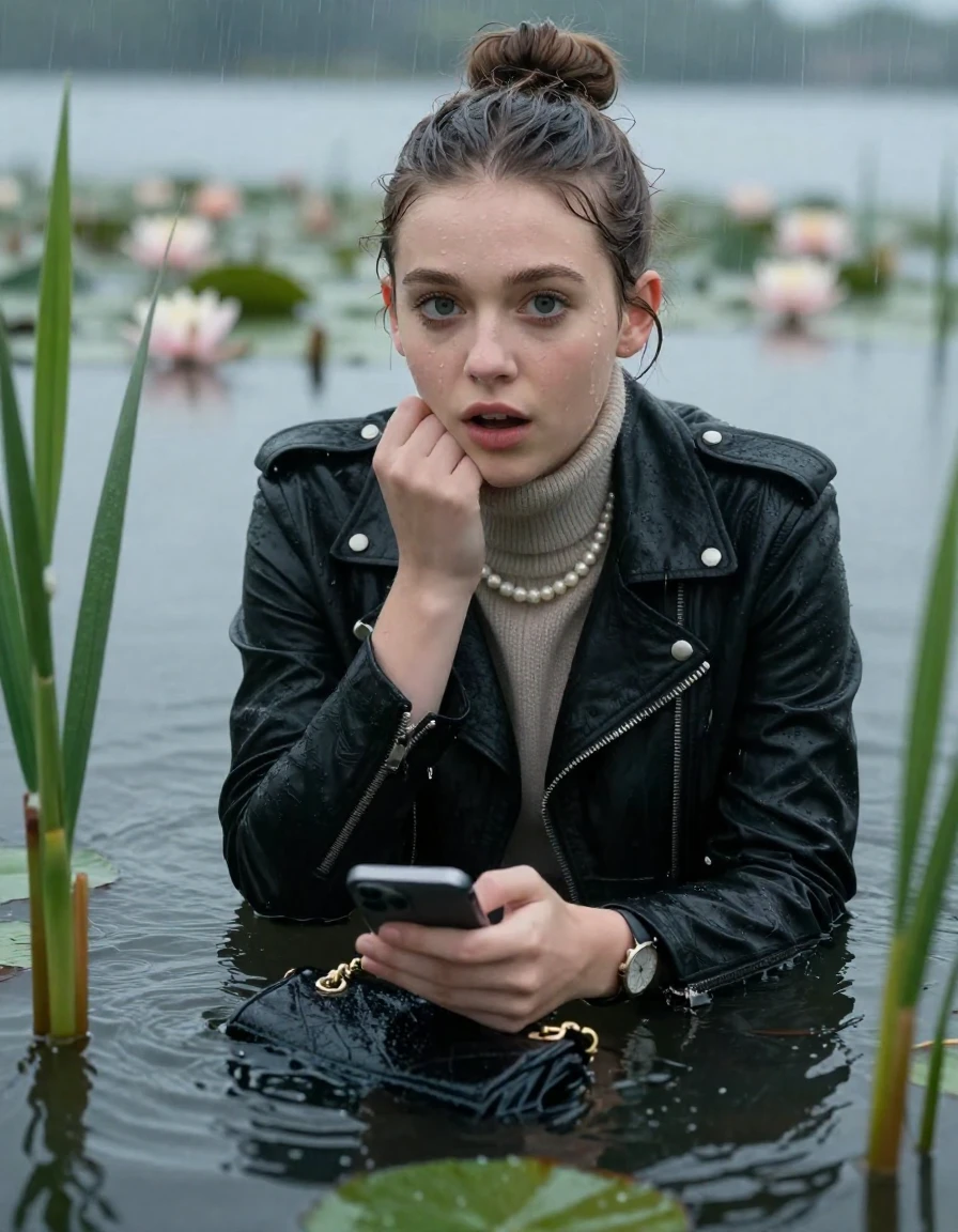 photo of young woman, in soaking wet, drenched clothes,
, , black biker leatherjacket,  knit turtleneck sweater, handbag, pearl necklace, bracelet, wristwatch , Emerging after diving in a lake with water lilies and reeds, rain , 
enjoying, wet clothes stuck to body,
detailed textures of the wet clothes, wet face, wet plastered hair,
wet, drenched, professional, high-quality details, full body view.
sharp focus, ultra-high pixel detail, realistic, high-quality, full colors, incredibly detailed, 4k, 8k, 16k, hyper-realistic, RAW photo, masterpiece, ultra-detailed, professionally color graded, professional photograph, Sleek bun 

19 years old  teenage girl

open mouth, big eyes, cover her chin with a hand and in the other hand her smartphone. Laying her breast on the surface.  Looking at camera.

she is completely underwater up to her neck, afraid and astonished expression.

She hides in the reeds and is surprised by spectators

her submerged clothes are hardly vusible under water, she soaked her handbag into the water

close up view, wet skin, wet clothes, wet hair, damp fabric, water runs down the clothes, wet skin, wet clothes, damp fabric, wet skin, wet clothes, damp fabric, wet skin, wet clothes, damp fabric, wet skin, wet clothes, damp fabric, wet skin, wet clothes, damp fabric, wet skin, wet clothes, damp fabric, wet skin, wet clothes, damp fabric, wet skin, wet clothes, damp fabric, wet skin, wet clothes, damp fabric, wet skin, wet clothes, damp fabric, wet skin, wet clothes, damp fabric, wet skin, wet clothes, damp fabric, wet skin, wet clothes, damp fabric, wet skin, wet clothes, damp fabric, wet skin, wet clothes, damp fabric, wet skin, wet clothes, damp fabric, wet skin, wet clothes, damp fabric