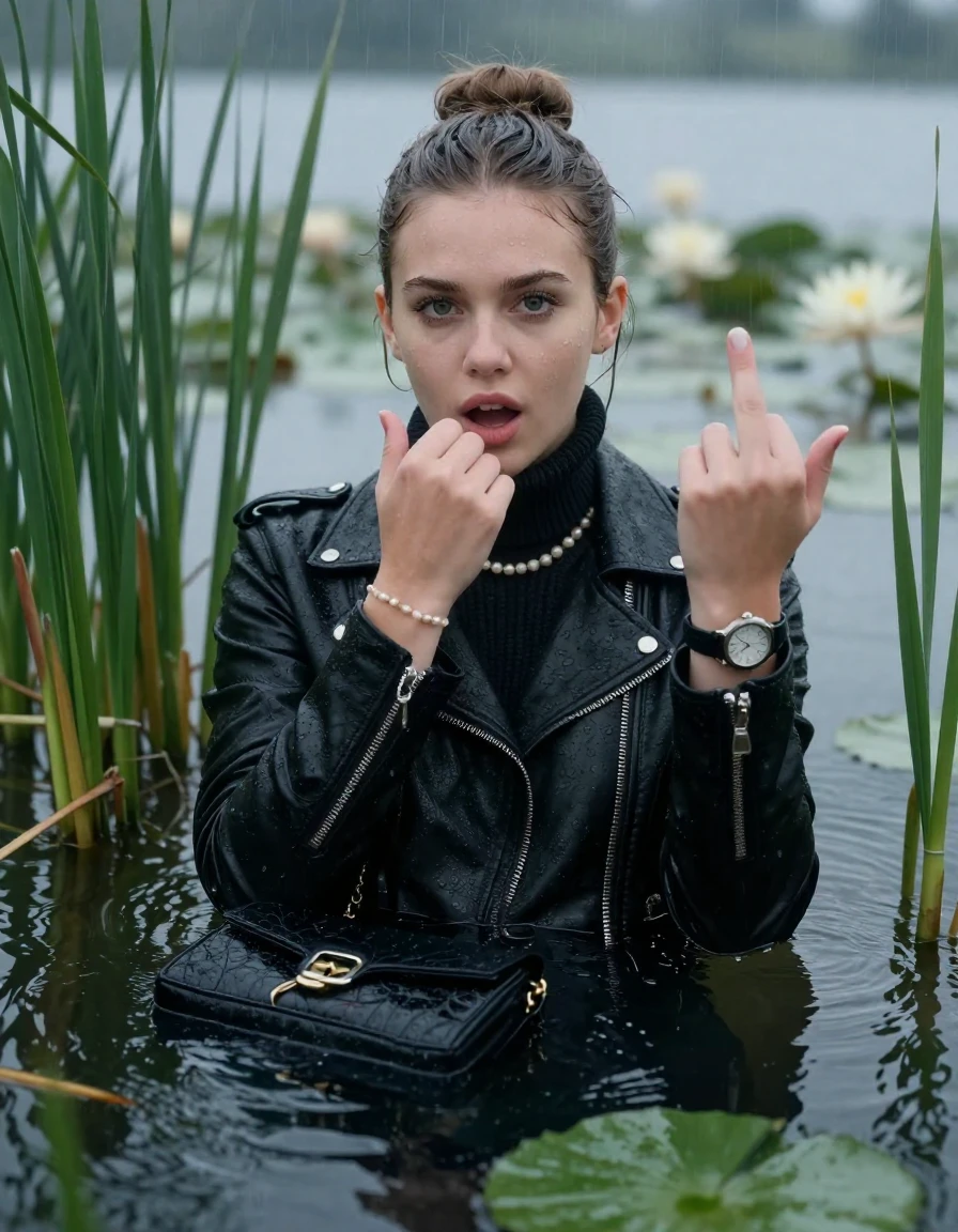 photo of young woman, in soaking wet, drenched clothes,
, , black biker leatherjacket,  knit turtleneck sweater, handbag, pearl necklace, bracelet, wristwatch , Emerging after diving in a lake with water lilies and reeds, rain , 
enjoying, wet clothes stuck to body,
detailed textures of the wet clothes, wet face, wet plastered hair,
wet, drenched, professional, high-quality details, full body view.
sharp focus, ultra-high pixel detail, realistic, high-quality, full colors, incredibly detailed, 4k, 8k, 16k, hyper-realistic, RAW photo, masterpiece, ultra-detailed, professionally color graded, professional photograph, Sleek bun 

19 years old  teenage girl

open mouth, big eyes. 0ne hand over mouth, a hand raised with the middle finger up. Laying her breast and arms on the surface.  Whole body and shoulders are submerged under the surface. Looking at camera.

she is completely underwater up to her neck,  bored expression.

She hides in the reeds and is surprised by spectators

her submerged clothes are hardly vusible under water, she soaked her handbag into the water

close up view, wet skin, wet clothes, wet hair, damp fabric, water runs down the clothes, wet skin, wet clothes, damp fabric, wet skin, wet clothes, damp fabric, wet skin, wet clothes, damp fabric, wet skin, wet clothes, damp fabric, wet skin, wet clothes, damp fabric, wet skin, wet clothes, damp fabric, wet skin, wet clothes, damp fabric, wet skin, wet clothes, damp fabric, wet skin, wet clothes, damp fabric, wet skin, wet clothes, damp fabric, wet skin, wet clothes, damp fabric, wet skin, wet clothes, damp fabric, wet skin, wet clothes, damp fabric, wet skin, wet clothes, damp fabric, wet skin, wet clothes, damp fabric, wet skin, wet clothes, damp fabric, wet skin, wet clothes, damp fabric, wet skin, wet clothes, damp fabric