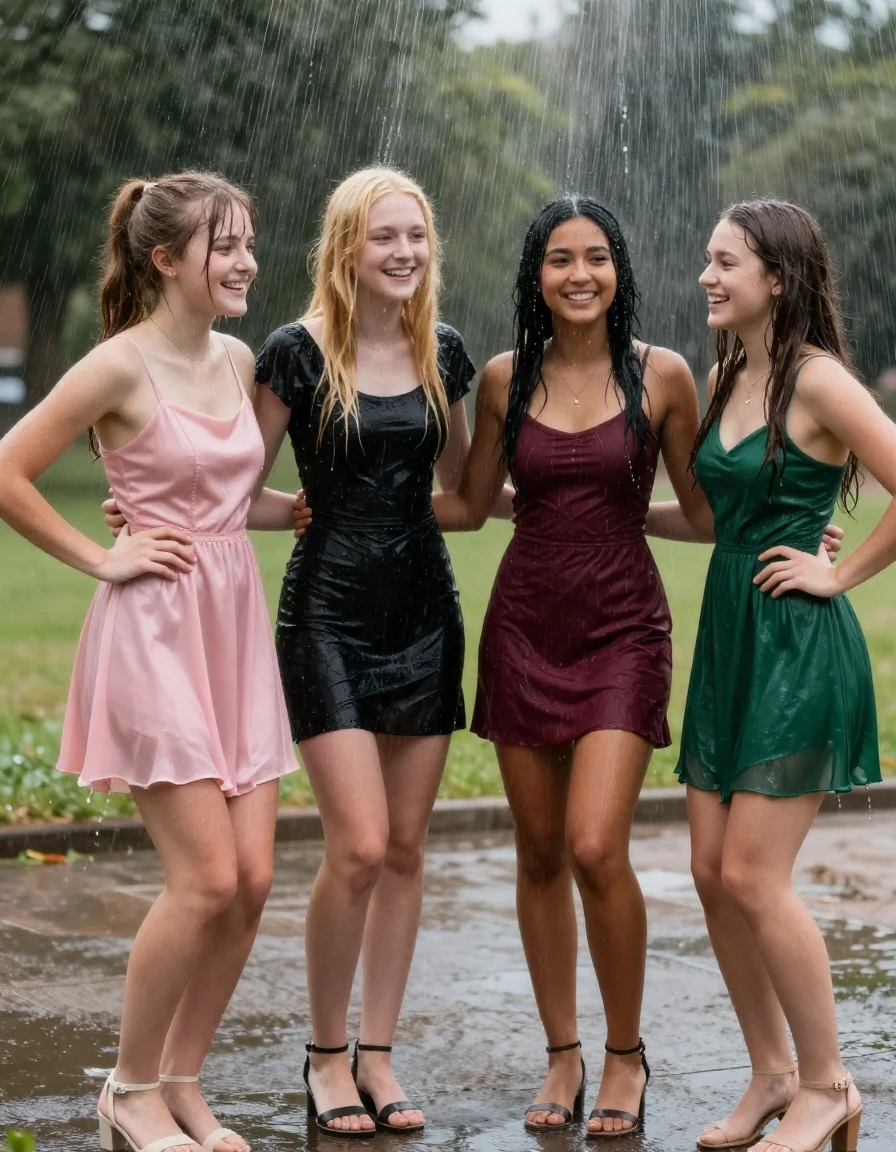 photo of young woman, in soaking wet, drenched clothes,
, , dress, 4 college girls playing at a dance when it started pouring water from the ceiling on them, 
enjoying, wet clothes stuck to body,
detailed textures of the wet clothes, wet face, wet plastered hair,
wet, drenched, professional, high-quality details, full body view.
sharp focus, ultra-high pixel detail, realistic, high-quality, full colors, incredibly detailed, 4k, 8k, 16k, hyper-realistic, RAW photo, masterpiece, ultra-detailed, professionally color graded, professional photograph, college girls both having fun together. All a similar age, a nineteen year old girl, with a flat and slim body, skinny body, flat and skinny chest, a She has a wide square young face but a small very skinny waist and skinny legs, a very small chest and very small breasts, she is a pale brunette with ponytail and bangs, She has a small body, She is full of youthful energy. wearing a pink formal satin cocktail dress with a straight neckline and loose dress straps, she has her hands on her hips,. Her friend has blonde hair and is quite skinny, ,a wide square face, she is wearing a fit black short sleeve coctail dress. The third girl is 19, with a tan complexion and dark black hair, she is wearing a maroon mini dress, The 4th girl is brunette with a small body and thin legs, she is wearing a green prom dress, all of them except the blonde girl have very small breasts. wet skin, wet clothes, damp fabric,, wet skin, wet clothes, damp fabric, wet skin, wet clothes, damp fabric, wet skin, wet clothes, damp fabric, wet skin, wet clothes, damp fabric, wet skin, wet clothes, damp fabric, wet skin, wet clothes, damp fabric