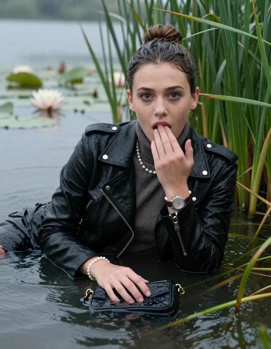 photo of young woman, in soaking wet, drenched clothes,
, , black biker leatherjacket,  knit turtleneck sweater, handbag, pearl necklace, bracelet, wristwatch , Emerging after diving in a lake with water lilies and reeds, rain , 
enjoying, wet clothes stuck to body,
detailed textures of the wet clothes, wet face, wet plastered hair,
wet, drenched, professional, high-quality details, full body view.
sharp focus, ultra-high pixel detail, realistic, high-quality, full colors, incredibly detailed, 4k, 8k, 16k, hyper-realistic, RAW photo, masterpiece, ultra-detailed, professionally color graded, professional photograph, Sleek bun 

19 years old  teenage girl

open mouth, big eyes. 0ne hand over mouth, one hand up with stinky finger. Laying her breast and arms on the surface.  Whole body and shoulders are submerged under the surface. Looking at camera.

she is completely underwater up to her neck, afraid and astonished expression.

She hides in the reeds and is surprised by spectators

her submerged clothes are hardly vusible under water, she soaked her handbag into the water

close up view, wet skin, wet clothes, wet hair, damp fabric, water runs down the clothes, wet skin, wet clothes, damp fabric, wet skin, wet clothes, damp fabric, wet skin, wet clothes, damp fabric, wet skin, wet clothes, damp fabric, wet skin, wet clothes, damp fabric, wet skin, wet clothes, damp fabric, wet skin, wet clothes, damp fabric, wet skin, wet clothes, damp fabric, wet skin, wet clothes, damp fabric, wet skin, wet clothes, damp fabric, wet skin, wet clothes, damp fabric, wet skin, wet clothes, damp fabric, wet skin, wet clothes, damp fabric, wet skin, wet clothes, damp fabric, wet skin, wet clothes, damp fabric, wet skin, wet clothes, damp fabric, wet skin, wet clothes, damp fabric, wet skin, wet clothes, damp fabric
