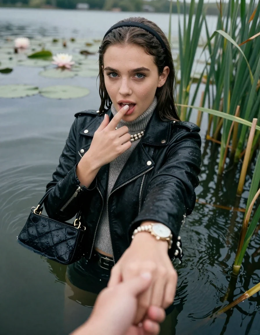photo of young woman, in soaking wet, drenched clothes,
, , black biker leatherjacket,  knit turtleneck sweater, handbag, pearl necklace, bracelet, wristwatch , Emerging after diving in a lake with water lilies and reeds, 
enjoying, wet clothes stuck to body,
detailed textures of the wet clothes, wet face, wet plastered hair,
wet, drenched, professional, high-quality details, full body view.
sharp focus, ultra-high pixel detail, realistic, high-quality, full colors, incredibly detailed, 4k, 8k, 16k, hyper-realistic, RAW photo, masterpiece, ultra-detailed, professionally color graded, professional photograph, Sleek long straight hair with hairband

15 years old  teenage girl

open mouth, big eyes. 0ne hand with a finger at her tongue  inside her mouth, hold with the other the viewer's hand, pulling them toward the center of the water. Laying her breast and arms on the surface.  Whole body and shoulders are submerged under the surface. Looking up at camera.

she is completely underwater up to her neck,  horny and sexuell aroused expression.

She hides in the reeds.

her submerged clothes are hardly vusible under water, she soaked her handbag into the water

close up view, wet skin, wet clothes, wet hair, damp fabric, water runs down the clothes, wet skin, wet clothes, damp fabric, wet skin, wet clothes, damp fabric, wet skin, wet clothes, damp fabric, wet skin, wet clothes, damp fabric, wet skin, wet clothes, damp fabric, wet skin, wet clothes, damp fabric, wet skin, wet clothes, damp fabric, wet skin, wet clothes, damp fabric, wet skin, wet clothes, damp fabric, wet skin, wet clothes, damp fabric, wet skin, wet clothes, damp fabric, wet skin, wet clothes, damp fabric, wet skin, wet clothes, damp fabric, wet skin, wet clothes, damp fabric, wet skin, wet clothes, damp fabric, wet skin, wet clothes, damp fabric, wet skin, wet clothes, damp fabric, wet skin, wet clothes, damp fabric, wet skin, wet clothes, damp fabric