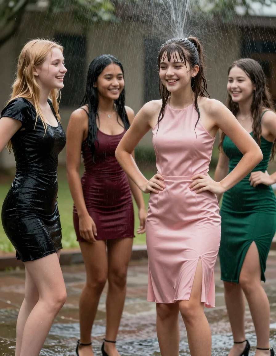 photo of young woman, in soaking wet, drenched clothes,
, , dress, 4.college girls playing at a dance when it started pouring water from the ceiling on them, 
enjoying, wet clothes stuck to body,
detailed textures of the wet clothes, wet face, wet plastered hair,
wet, drenched, professional, high-quality details, full body view.
sharp focus, ultra-high pixel detail, realistic, high-quality, full colors, incredibly detailed, 4k, 8k, 16k, hyper-realistic, RAW photo, masterpiece, ultra-detailed, professionally color graded, professional photograph, college girls both having fun together. All a similar age, a nineteen year old girl, with a flat and slim body, skinny body, flat and skinny chest, a She has a wide square young face but a small very skinny waist and skinny legs, a very small chest and very small breasts, she is a pale brunette with ponytail and bangs, She has a small body, She is full of youthful energy. wearing a pink formal satin cocktail dress with a high neckline. she has her hands on her hips,. Her friend has blonde hair and is quite skinny, ,a wide square face, she is wearing a fit black short sleeve coctail dress. The third girl is 19, with a tan complexion and dark black hair, she is wearing a maroon mini dress, The 4th girl is brunette with a small body and thin legs, she is wearing a green prom dress, all of them except the blonde girl have very small breasts. wet skin, wet clothes, damp fabric,, wet skin, wet clothes, damp fabric, wet skin, wet clothes, damp fabric, wet skin, wet clothes, damp fabric, wet skin, wet clothes, damp fabric, wet skin, wet clothes, damp fabric, wet skin, wet clothes, damp fabric