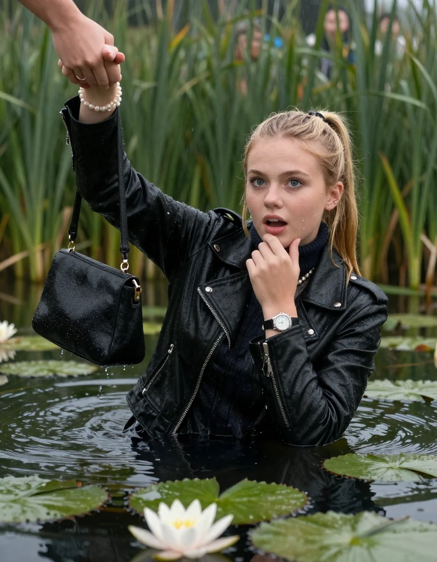 photo of young woman, in soaking wet, drenched clothes,
, , black biker leatherjacket,  knit turtleneck sweater, handbag, pearl necklace, bracelet, wristwatch , Emerging after diving in a lake with water lilies and reeds, rain , 
enjoying, wet clothes stuck to body,
detailed textures of the wet clothes, wet face, wet plastered hair,
wet, drenched, professional, high-quality details, full body view.
sharp focus, ultra-high pixel detail, realistic, high-quality, full colors, incredibly detailed, 4k, 8k, 16k, hyper-realistic, RAW photo, masterpiece, ultra-detailed, professionally color graded, professional photograph, blonde Sleek long ponytail with hairband

19 years old  teenage girl

open mouth, big eyes. 0ne hand on chin, hold with the other her friends hand, pulling them toward the center of the water. Laying her breast and arms on the surface.  Whole body and shoulders are submerged under the surface.

she is completely underwater up to her neck and is in danger of going under.
She hides in the reeds and is surprised by spectators

her submerged clothes are hardly vusible under water, she soaked her handbag into the water

close up view, wet skin, wet clothes, wet hair, damp fabric, water runs down the clothes, wet skin, wet clothes, damp fabric, wet skin, wet clothes, damp fabric, wet skin, wet clothes, damp fabric, wet skin, wet clothes, damp fabric, wet skin, wet clothes, damp fabric, wet skin, wet clothes, damp fabric, wet skin, wet clothes, damp fabric, wet skin, wet clothes, damp fabric, wet skin, wet clothes, damp fabric, wet skin, wet clothes, damp fabric, wet skin, wet clothes, damp fabric, wet skin, wet clothes, damp fabric, wet skin, wet clothes, damp fabric, wet skin, wet clothes, damp fabric, wet skin, wet clothes, damp fabric, wet skin, wet clothes, damp fabric, wet skin, wet clothes, damp fabric, wet skin, wet clothes, damp fabric