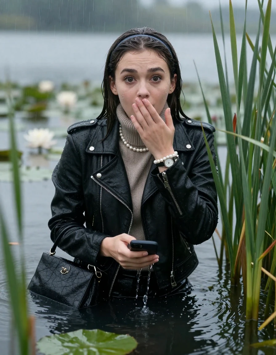 photo of young woman, in soaking wet, drenched clothes,
, , black biker leatherjacket,  knit turtleneck sweater, handbag, pearl necklace, bracelet, wristwatch , Emerging after diving in a lake with water lilies and reeds, rain , 
enjoying, wet clothes stuck to body,
detailed textures of the wet clothes, wet face, wet plastered hair,
wet, drenched, professional, high-quality details, full body view.
sharp focus, ultra-high pixel detail, realistic, high-quality, full colors, incredibly detailed, 4k, 8k, 16k, hyper-realistic, RAW photo, masterpiece, ultra-detailed, professionally color graded, professional photograph, Sleek long straight hair with hairband

19 years old  teenage girl

open mouth, big eyes, cover her mouth with a hand and in the other hand her smartphone. Laying her breast on the surface.  Looking at camera.

she is completely underwater up to her neck, afraid and astonished expression.

She hides in the reeds and is surprised by spectators

her submerged clothes are hardly vusible under water, she soaked her handbag into the water

close up view, wet skin, wet clothes, wet hair, damp fabric, water runs down the clothes, wet skin, wet clothes, damp fabric, wet skin, wet clothes, damp fabric, wet skin, wet clothes, damp fabric, wet skin, wet clothes, damp fabric, wet skin, wet clothes, damp fabric, wet skin, wet clothes, damp fabric, wet skin, wet clothes, damp fabric, wet skin, wet clothes, damp fabric, wet skin, wet clothes, damp fabric, wet skin, wet clothes, damp fabric, wet skin, wet clothes, damp fabric, wet skin, wet clothes, damp fabric, wet skin, wet clothes, damp fabric, wet skin, wet clothes, damp fabric, wet skin, wet clothes, damp fabric, wet skin, wet clothes, damp fabric, wet skin, wet clothes, damp fabric