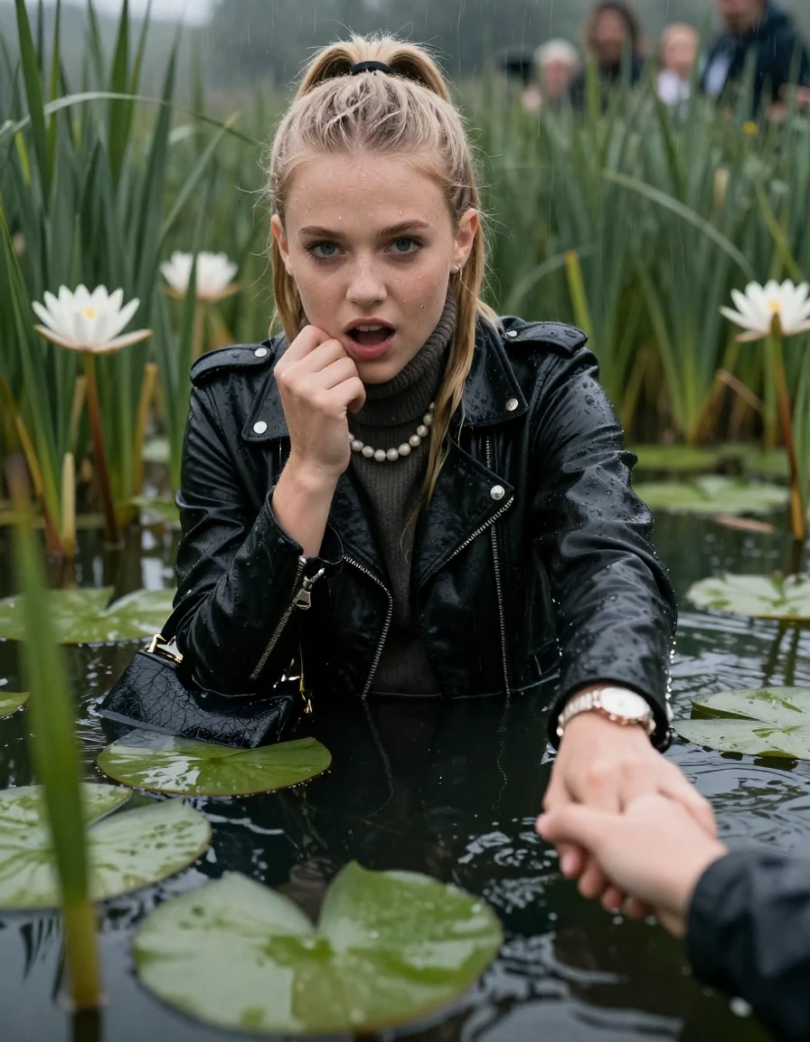 photo of young woman, in soaking wet, drenched clothes,
, , black biker leatherjacket,  knit turtleneck sweater, handbag, pearl necklace, bracelet, wristwatch , Emerging after diving in a lake with water lilies and reeds, rain , 
enjoying, wet clothes stuck to body,
detailed textures of the wet clothes, wet face, wet plastered hair,
wet, drenched, professional, high-quality details, full body view.
sharp focus, ultra-high pixel detail, realistic, high-quality, full colors, incredibly detailed, 4k, 8k, 16k, hyper-realistic, RAW photo, masterpiece, ultra-detailed, professionally color graded, professional photograph, blonde Sleek long ponytail with hairband

19 years old  teenage girl

open mouth, big eyes. 0ne hand on chin, hold with the other her friends hand, pulling them toward the center of the water. Laying her breast and arms on the surface.  Whole body and shoulders are submerged under the surface. Looking at camera.

she is completely underwater up to her neck,  gasping expression.

She hides in the reeds and is surprised by spectators

her submerged clothes are hardly vusible under water, she soaked her handbag into the water

close up view, wet skin, wet clothes, wet hair, damp fabric, water runs down the clothes, wet skin, wet clothes, damp fabric, wet skin, wet clothes, damp fabric, wet skin, wet clothes, damp fabric, wet skin, wet clothes, damp fabric, wet skin, wet clothes, damp fabric, wet skin, wet clothes, damp fabric, wet skin, wet clothes, damp fabric, wet skin, wet clothes, damp fabric, wet skin, wet clothes, damp fabric, wet skin, wet clothes, damp fabric, wet skin, wet clothes, damp fabric, wet skin, wet clothes, damp fabric, wet skin, wet clothes, damp fabric, wet skin, wet clothes, damp fabric, wet skin, wet clothes, damp fabric, wet skin, wet clothes, damp fabric, wet skin, wet clothes, damp fabric, wet skin, wet clothes, damp fabric