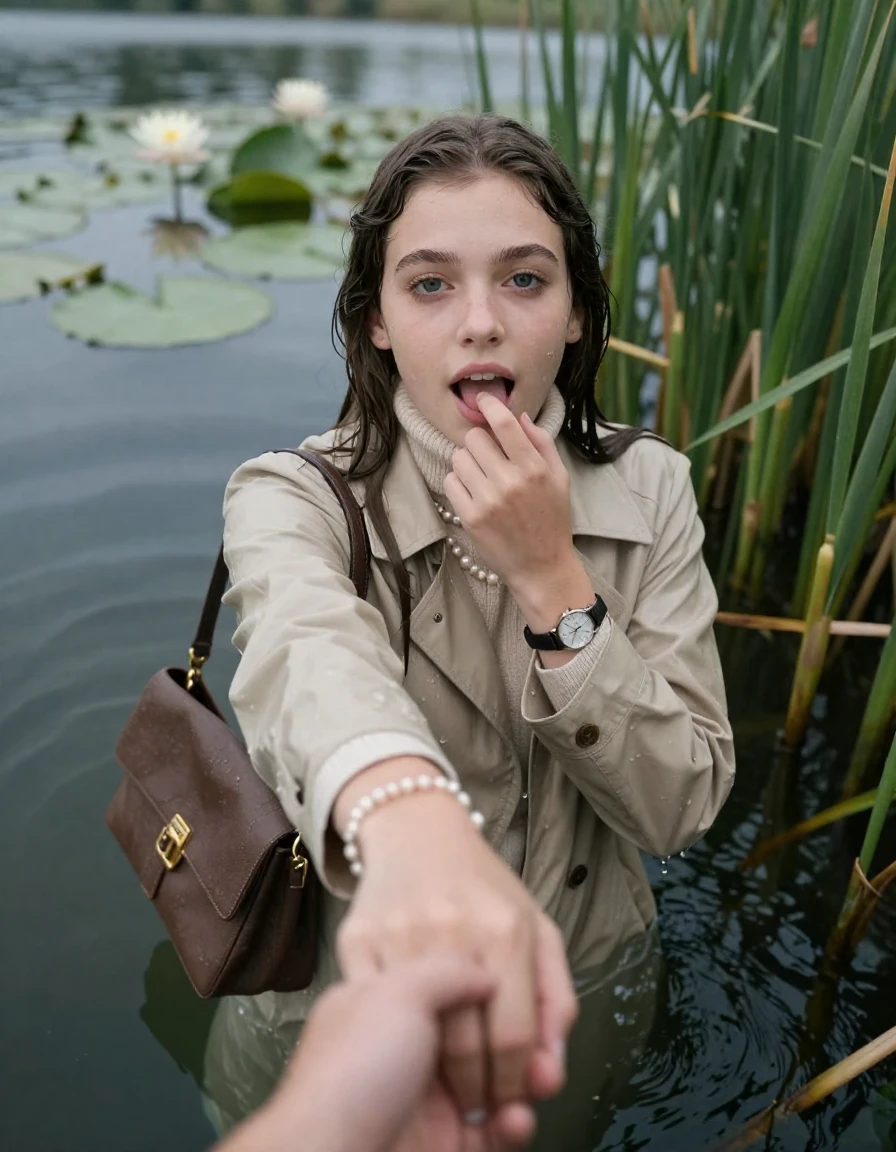photo of young woman, in soaking wet, drenched clothes,
, , beige woolen wintercoat,  knit turtleneck sweater, handbag, pearl necklace, bracelet, wristwatch, Emerging after diving in a lake with water lilies and reeds, 
enjoying, wet clothes stuck to body,
detailed textures of the wet clothes, wet face, wet plastered hair,
wet, drenched, professional, high-quality details, full body view.
sharp focus, ultra-high pixel detail, realistic, high-quality, full colors, incredibly detailed, 4k, 8k, 16k, hyper-realistic, RAW photo, masterpiece, ultra-detailed, professionally color graded, professional photograph, Sleek long straight hair

15 years old  teenage girl

open mouth, big eyes. 0ne hand with a finger at her tongue  inside her mouth, hold with the other the viewer's hand, pulling them toward the center of the water. Laying her breast and arms on the surface.  Whole body and shoulders are submerged under the surface. Looking up at camera.

she is completely underwater up to her neck,  horny and sexuell aroused expression.

She hides in the reeds.

her submerged clothes are hardly vusible under water, she soaked her handbag into the water

close up view, wet skin, wet clothes, wet hair, damp fabric, water runs down the clothes, wet skin, wet clothes, damp fabric, wet skin, wet clothes, damp fabric, wet skin, wet clothes, damp fabric, wet skin, wet clothes, damp fabric, wet skin, wet clothes, damp fabric, wet skin, wet clothes, damp fabric, wet skin, wet clothes, damp fabric, wet skin, wet clothes, damp fabric, wet skin, wet clothes, damp fabric, wet skin, wet clothes, damp fabric, wet skin, wet clothes, damp fabric, wet skin, wet clothes, damp fabric, wet skin, wet clothes, damp fabric, wet skin, wet clothes, damp fabric, wet skin, wet clothes, damp fabric, wet skin, wet clothes, damp fabric, wet skin, wet clothes, damp fabric, wet skin, wet clothes, damp fabric, wet skin, wet clothes, damp fabric