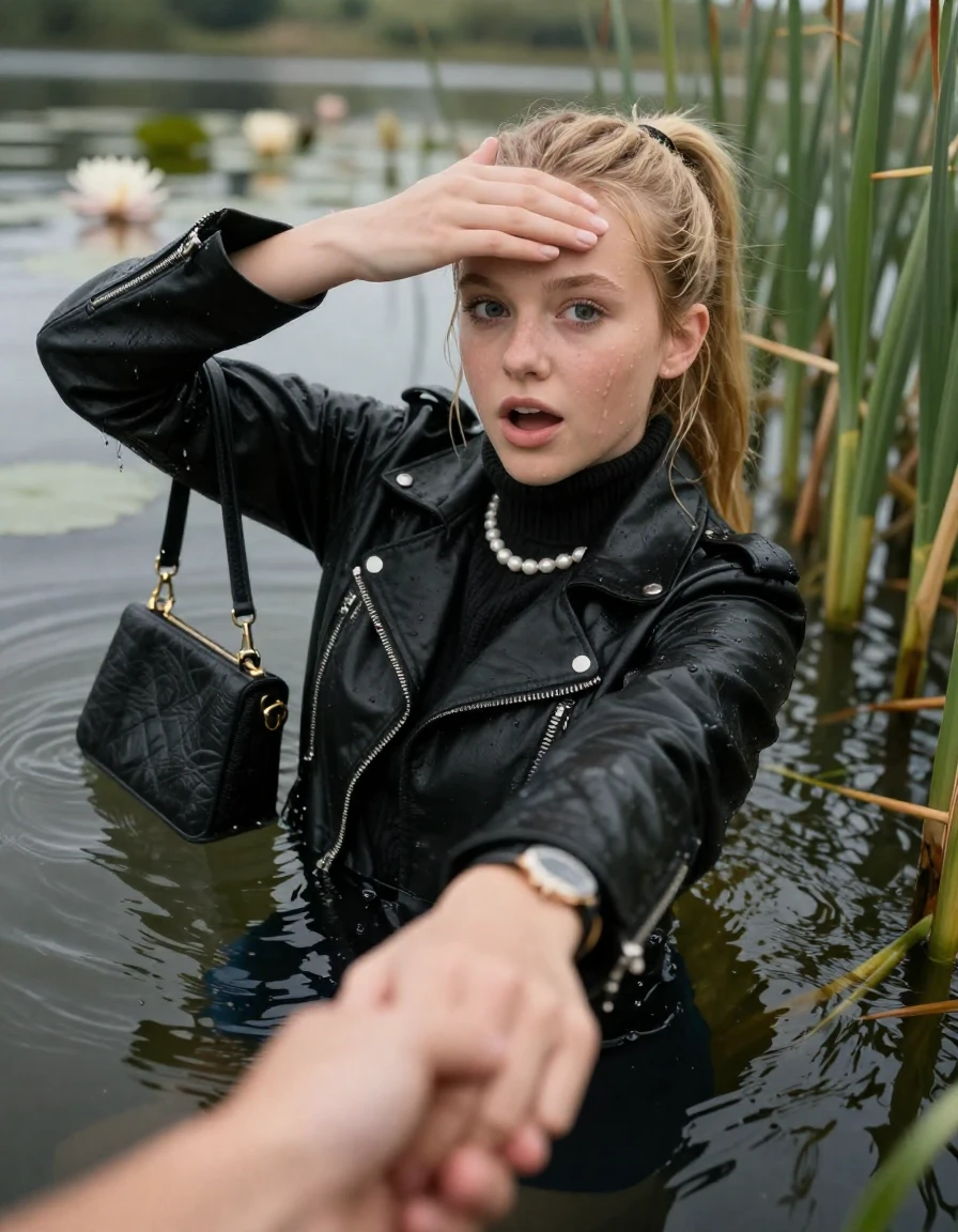 photo of young woman, in soaking wet, drenched clothes,
, , black biker leatherjacket,  knit turtleneck sweater, handbag, pearl necklace, bracelet, wristwatch , Emerging after diving in a lake with water lilies and reeds, 
enjoying, wet clothes stuck to body,
detailed textures of the wet clothes, wet face, wet plastered hair,
wet, drenched, professional, high-quality details, full body view.
sharp focus, ultra-high pixel detail, realistic, high-quality, full colors, incredibly detailed, 4k, 8k, 16k, hyper-realistic, RAW photo, masterpiece, ultra-detailed, professionally color graded, professional photograph, blonde Sleek long ponytail with hairband

15 years old  teenage girl

open mouth, big eyes. 0ne hand on forehead, hold with the other the viewer's hand, pulling them toward the center of the water. Laying her breast and arms on the surface.  Whole body and shoulders are submerged under the surface. Looking at camera.

she is completely underwater up to her neck,  gasping expression.

She hides in the reeds.

her submerged clothes are hardly vusible under water, she soaked her handbag into the water

close up view, wet skin, wet clothes, wet hair, damp fabric, water runs down the clothes, wet skin, wet clothes, damp fabric, wet skin, wet clothes, damp fabric, wet skin, wet clothes, damp fabric, wet skin, wet clothes, damp fabric, wet skin, wet clothes, damp fabric, wet skin, wet clothes, damp fabric, wet skin, wet clothes, damp fabric, wet skin, wet clothes, damp fabric, wet skin, wet clothes, damp fabric, wet skin, wet clothes, damp fabric, wet skin, wet clothes, damp fabric, wet skin, wet clothes, damp fabric, wet skin, wet clothes, damp fabric, wet skin, wet clothes, damp fabric, wet skin, wet clothes, damp fabric, wet skin, wet clothes, damp fabric, wet skin, wet clothes, damp fabric, wet skin, wet clothes, damp fabric, wet skin, wet clothes, damp fabric