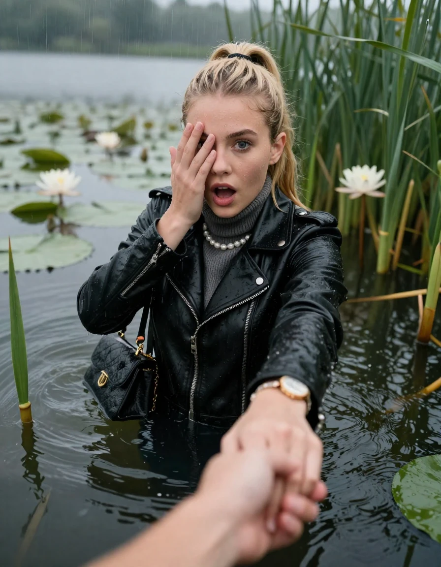 photo of young woman, in soaking wet, drenched clothes,
, , black biker leatherjacket,  knit turtleneck sweater, handbag, pearl necklace, bracelet, wristwatch , Emerging after diving in a lake with water lilies and reeds, rain , 
enjoying, wet clothes stuck to body,
detailed textures of the wet clothes, wet face, wet plastered hair,
wet, drenched, professional, high-quality details, full body view.
sharp focus, ultra-high pixel detail, realistic, high-quality, full colors, incredibly detailed, 4k, 8k, 16k, hyper-realistic, RAW photo, masterpiece, ultra-detailed, professionally color graded, professional photograph, blonde Sleek long ponytail with hairband

19 years old  teenage girl

open mouth, big eyes. 0ne hand over face, hold with the other the viewer's hand, pulling them toward the center of the water. Laying her breast and arms on the surface.  Whole body and shoulders are submerged under the surface. Looking at camera.

she is completely underwater up to her neck,  stupified shocked expression.

She hides in the reeds and is surprised by spectators

her submerged clothes are hardly vusible under water, she soaked her handbag into the water

close up view, wet skin, wet clothes, wet hair, damp fabric, water runs down the clothes, wet skin, wet clothes, damp fabric, wet skin, wet clothes, damp fabric, wet skin, wet clothes, damp fabric, wet skin, wet clothes, damp fabric, wet skin, wet clothes, damp fabric, wet skin, wet clothes, damp fabric, wet skin, wet clothes, damp fabric, wet skin, wet clothes, damp fabric, wet skin, wet clothes, damp fabric, wet skin, wet clothes, damp fabric, wet skin, wet clothes, damp fabric, wet skin, wet clothes, damp fabric, wet skin, wet clothes, damp fabric, wet skin, wet clothes, damp fabric, wet skin, wet clothes, damp fabric, wet skin, wet clothes, damp fabric, wet skin, wet clothes, damp fabric, wet skin, wet clothes, damp fabric