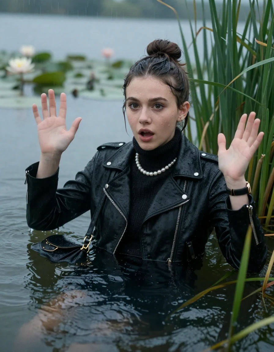 photo of young woman, in soaking wet, drenched clothes,
, , black biker leatherjacket,  knit turtleneck sweater, handbag, pearl necklace, bracelet, wristwatch , Emerging after diving in a lake with water lilies and reeds, rain , 
enjoying, wet clothes stuck to body,
detailed textures of the wet clothes, wet face, wet plastered hair,
wet, drenched, professional, high-quality details, full body view.
sharp focus, ultra-high pixel detail, realistic, high-quality, full colors, incredibly detailed, 4k, 8k, 16k, hyper-realistic, RAW photo, masterpiece, ultra-detailed, professionally color graded, professional photograph, Sleek bun 

19 years old  teenage girl

open mouth, big eyes. Hands up. Laying her breast and arms on the surface.  Whole body and shoulders are submerged under the surface. Looking at camera.

she is completely underwater up to her neck, afraid and astonished expression.

She hides in the reeds and is surprised by spectators

her submerged clothes are hardly vusible under water, she soaked her handbag into the water

close up view, wet skin, wet clothes, wet hair, damp fabric, water runs down the clothes, wet skin, wet clothes, damp fabric, wet skin, wet clothes, damp fabric, wet skin, wet clothes, damp fabric, wet skin, wet clothes, damp fabric, wet skin, wet clothes, damp fabric, wet skin, wet clothes, damp fabric, wet skin, wet clothes, damp fabric, wet skin, wet clothes, damp fabric, wet skin, wet clothes, damp fabric, wet skin, wet clothes, damp fabric, wet skin, wet clothes, damp fabric, wet skin, wet clothes, damp fabric, wet skin, wet clothes, damp fabric, wet skin, wet clothes, damp fabric, wet skin, wet clothes, damp fabric, wet skin, wet clothes, damp fabric, wet skin, wet clothes, damp fabric