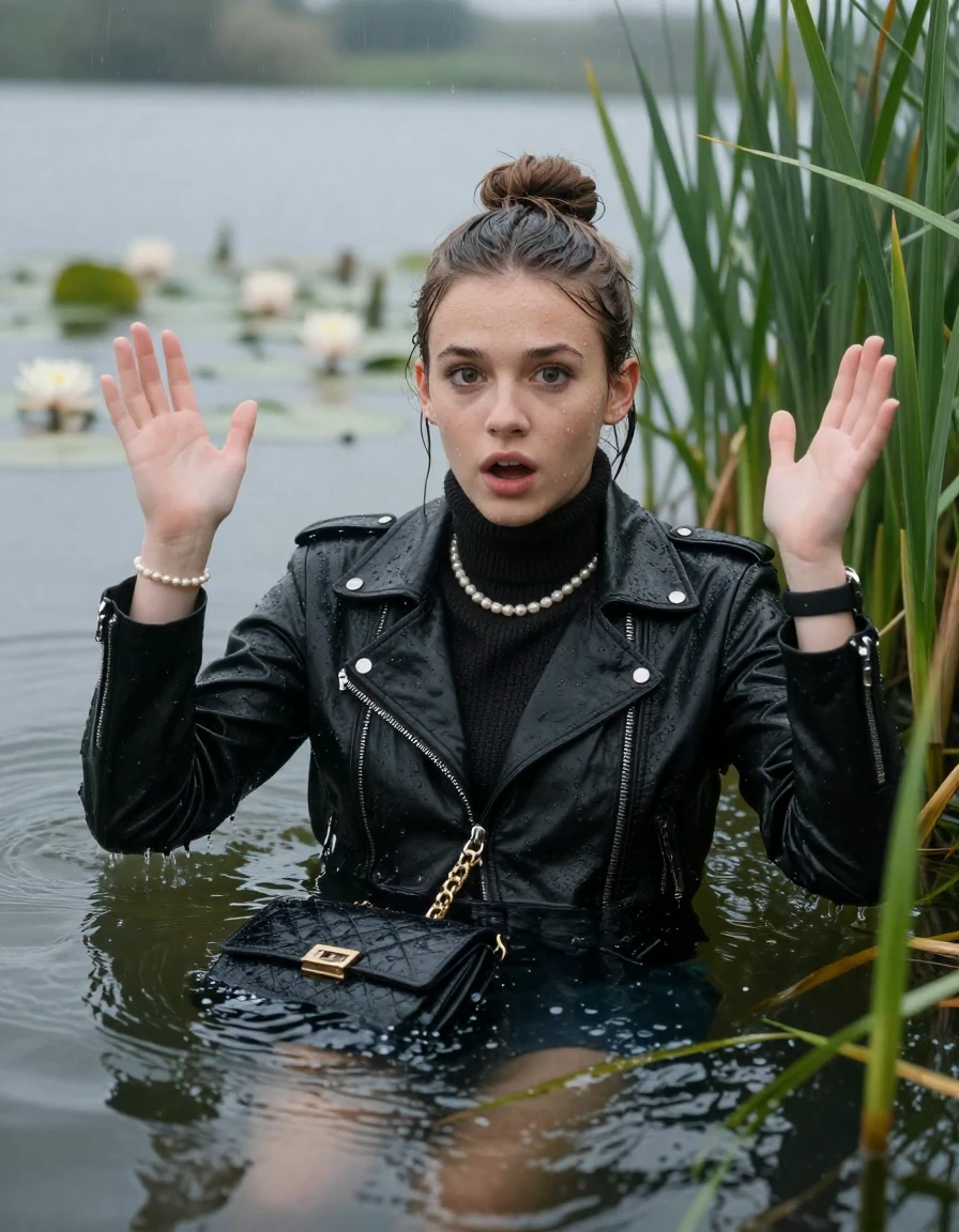 photo of young woman, in soaking wet, drenched clothes,
, , black biker leatherjacket,  knit turtleneck sweater, handbag, pearl necklace, bracelet, wristwatch , Emerging after diving in a lake with water lilies and reeds, rain , 
enjoying, wet clothes stuck to body,
detailed textures of the wet clothes, wet face, wet plastered hair,
wet, drenched, professional, high-quality details, full body view.
sharp focus, ultra-high pixel detail, realistic, high-quality, full colors, incredibly detailed, 4k, 8k, 16k, hyper-realistic, RAW photo, masterpiece, ultra-detailed, professionally color graded, professional photograph, Sleek bun 

19 years old  teenage girl

open mouth, big eyes. Hands up. Laying her breast and arms on the surface.  Whole body and shoulders are submerged under the surface. Looking at camera.

she is completely underwater up to her neck, afraid and astonished expression.

She hides in the reeds and is surprised by spectators

her submerged clothes are hardly vusible under water, she soaked her handbag into the water

close up view, wet skin, wet clothes, wet hair, damp fabric, water runs down the clothes, wet skin, wet clothes, damp fabric, wet skin, wet clothes, damp fabric, wet skin, wet clothes, damp fabric, wet skin, wet clothes, damp fabric, wet skin, wet clothes, damp fabric, wet skin, wet clothes, damp fabric, wet skin, wet clothes, damp fabric, wet skin, wet clothes, damp fabric, wet skin, wet clothes, damp fabric, wet skin, wet clothes, damp fabric, wet skin, wet clothes, damp fabric, wet skin, wet clothes, damp fabric, wet skin, wet clothes, damp fabric, wet skin, wet clothes, damp fabric, wet skin, wet clothes, damp fabric, wet skin, wet clothes, damp fabric, wet skin, wet clothes, damp fabric
