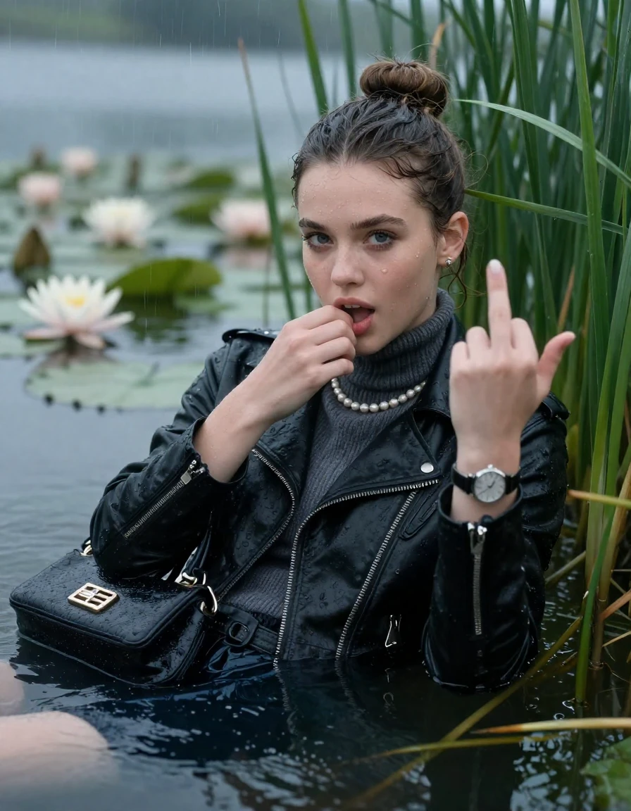 photo of young woman, in soaking wet, drenched clothes,
, , black biker leatherjacket,  knit turtleneck sweater, handbag, pearl necklace, bracelet, wristwatch , Emerging after diving in a lake with water lilies and reeds, rain , 
enjoying, wet clothes stuck to body,
detailed textures of the wet clothes, wet face, wet plastered hair,
wet, drenched, professional, high-quality details, full body view.
sharp focus, ultra-high pixel detail, realistic, high-quality, full colors, incredibly detailed, 4k, 8k, 16k, hyper-realistic, RAW photo, masterpiece, ultra-detailed, professionally color graded, professional photograph, Sleek bun 

19 years old  teenage girl

open mouth, big eyes. 0ne hand over mouth, a hand raised with the middle finger up. Laying her breast and arms on the surface.  Whole body and shoulders are submerged under the surface. Looking at camera.

she is completely underwater up to her neck,  bored expression.

She hides in the reeds and is surprised by spectators

her submerged clothes are hardly vusible under water, she soaked her handbag into the water

close up view, wet skin, wet clothes, wet hair, damp fabric, water runs down the clothes, wet skin, wet clothes, damp fabric, wet skin, wet clothes, damp fabric, wet skin, wet clothes, damp fabric, wet skin, wet clothes, damp fabric, wet skin, wet clothes, damp fabric, wet skin, wet clothes, damp fabric, wet skin, wet clothes, damp fabric, wet skin, wet clothes, damp fabric, wet skin, wet clothes, damp fabric, wet skin, wet clothes, damp fabric, wet skin, wet clothes, damp fabric, wet skin, wet clothes, damp fabric, wet skin, wet clothes, damp fabric, wet skin, wet clothes, damp fabric, wet skin, wet clothes, damp fabric, wet skin, wet clothes, damp fabric, wet skin, wet clothes, damp fabric, wet skin, wet clothes, damp fabric
