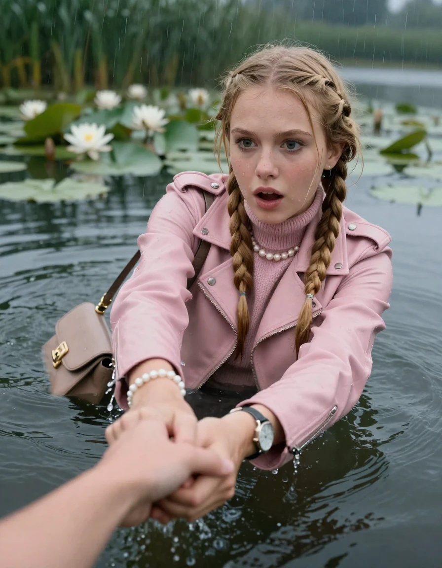 photo of young woman, in soaking wet, drenched clothes,
, , light pink biker leatherjacket,  knit turtleneck sweater, handbag, pearl necklace, bracelet, wristwatch , swimming in a lake with water lilies and reeds, rain , 
enjoying, wet clothes stuck to body,
detailed textures of the wet clothes, wet face, wet plastered hair,
wet, drenched, professional, high-quality details, full body view.
sharp focus, ultra-high pixel detail, realistic, high-quality, full colors, incredibly detailed, 4k, 8k, 16k, hyper-realistic, RAW photo, masterpiece, ultra-detailed, professionally color graded, professional photograph, two blonde sleek long braids

19 years old  teenage girl, afraid and astonished expression.

open mouth, big eyes. hold with her hands the female viewer's hand, pulling them toward the center of the water. Laying her breast and arms on the surface.  Whole body and shoulders are submerged under the surface.

she is completely underwater up to her neck. leaning slightly forewards.

her submerged clothes are hardly vusible under water, she soaked her handbag into the water

close up view, wet skin, wet clothes, wet hair, damp fabric, water runs down the clothes, wet skin, wet clothes, damp fabric, wet skin, wet clothes, damp fabric, wet skin, wet clothes, damp fabric, wet skin, wet clothes, damp fabric, wet skin, wet clothes, damp fabric, wet skin, wet clothes, damp fabric, wet skin, wet clothes, damp fabric, wet skin, wet clothes, damp fabric, wet skin, wet clothes, damp fabric, wet skin, wet clothes, damp fabric, wet skin, wet clothes, damp fabric, wet skin, wet clothes, damp fabric, wet skin, wet clothes, damp fabric, wet skin, wet clothes, damp fabric, wet skin, wet clothes, damp fabric, wet skin, wet clothes, damp fabric, wet skin, wet clothes, damp fabric, wet skin, wet clothes, damp fabric, wet skin, wet clothes, damp fabric
