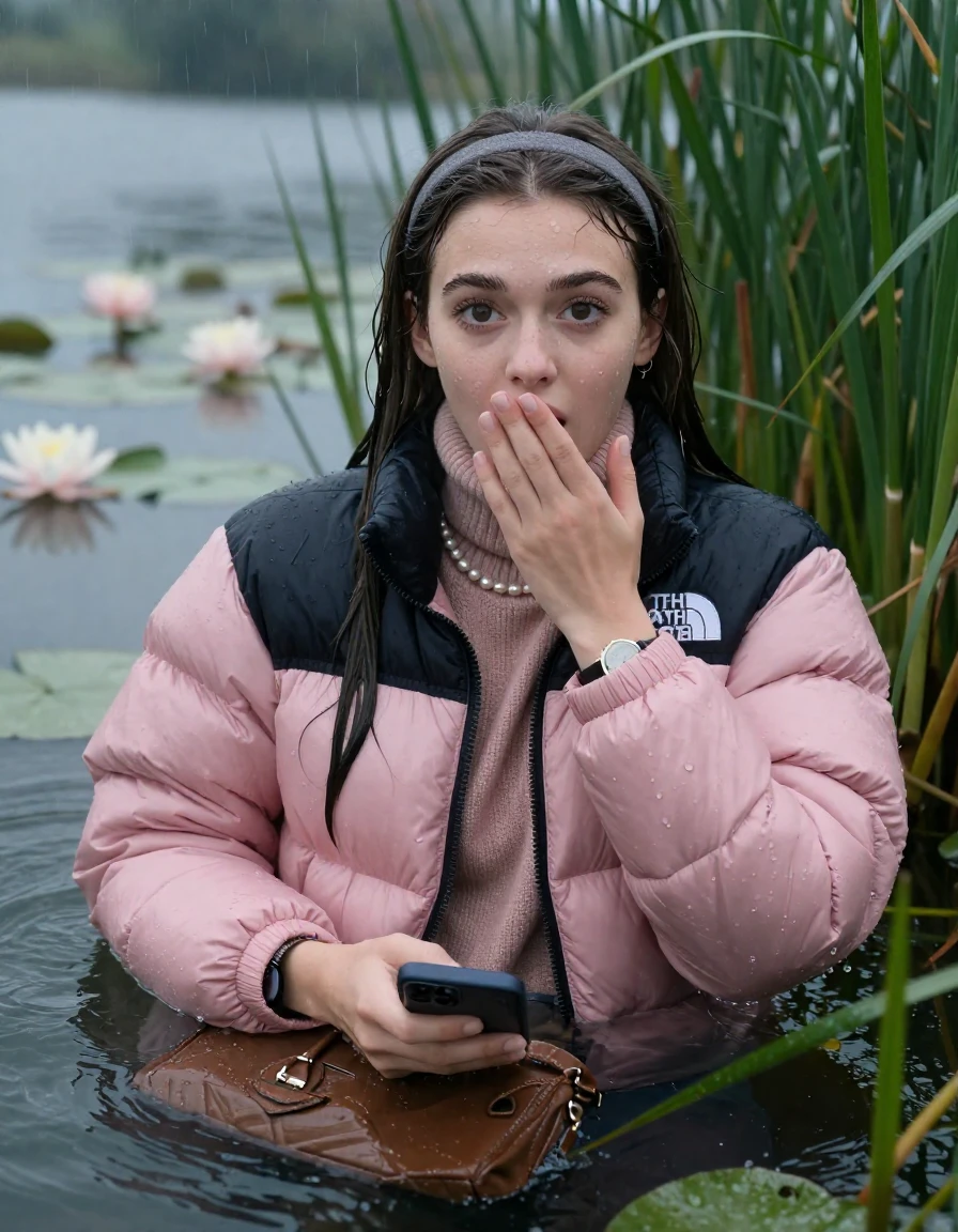 photo of young woman, in soaking wet, drenched clothes,
, , Light pink puffer down jacket from north face,  knit turtleneck sweater, handbag, pearl necklace, bracelet, wristwatch , Emerging after diving in a lake with water lilies and reeds, rain , 
enjoying, wet clothes stuck to body,
detailed textures of the wet clothes, wet face, wet plastered hair,
wet, drenched, professional, high-quality details, full body view.
sharp focus, ultra-high pixel detail, realistic, high-quality, full colors, incredibly detailed, 4k, 8k, 16k, hyper-realistic, RAW photo, masterpiece, ultra-detailed, professionally color graded, professional photograph, Sleek long straight hair with hairband

19 years old  teenage girl

open mouth, big eyes, cover her mouth with a hand and in the other hand her smartphone. Laying her breast on the surface.  Looking at camera.

she is completely underwater up to her neck, afraid and astonished expression.

She hides in the reeds and is surprised by spectators

her submerged clothes are hardly vusible under water, she soaked her handbag into the water

close up view, wet skin, wet clothes, wet hair, damp fabric, water runs down the clothes, wet skin, wet clothes, damp fabric, wet skin, wet clothes, damp fabric, wet skin, wet clothes, damp fabric, wet skin, wet clothes, damp fabric, wet skin, wet clothes, damp fabric, wet skin, wet clothes, damp fabric, wet skin, wet clothes, damp fabric, wet skin, wet clothes, damp fabric, wet skin, wet clothes, damp fabric, wet skin, wet clothes, damp fabric, wet skin, wet clothes, damp fabric, wet skin, wet clothes, damp fabric, wet skin, wet clothes, damp fabric, wet skin, wet clothes, damp fabric, wet skin, wet clothes, damp fabric, wet skin, wet clothes, damp fabric, wet skin, wet clothes, damp fabric