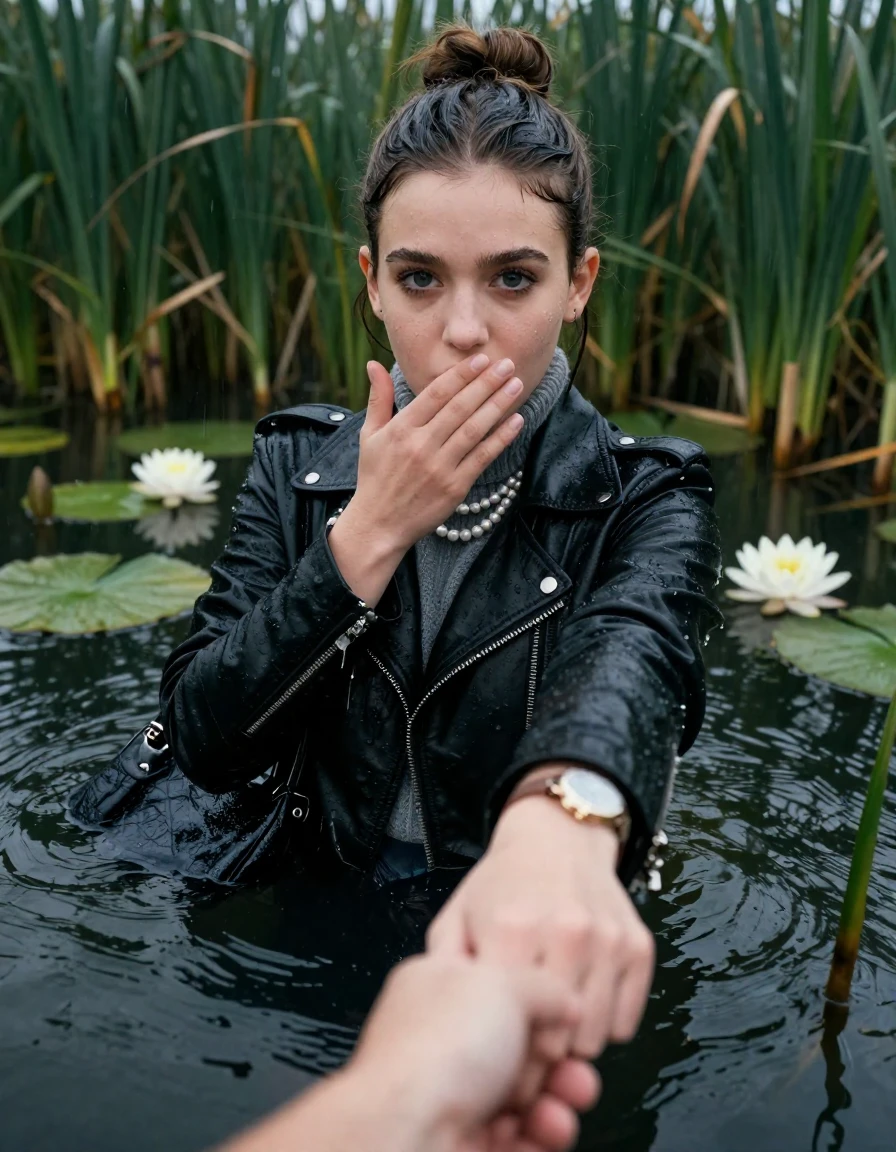 photo of young woman, in soaking wet, drenched clothes,
, , black biker leatherjacket,  knit turtleneck sweater, handbag, pearl necklace, bracelet, wristwatch , Emerging after diving in a lake with water lilies and reeds, rain , 
enjoying, wet clothes stuck to body,
detailed textures of the wet clothes, wet face, wet plastered hair,
wet, drenched, professional, high-quality details, full body view.
sharp focus, ultra-high pixel detail, realistic, high-quality, full colors, incredibly detailed, 4k, 8k, 16k, hyper-realistic, RAW photo, masterpiece, ultra-detailed, professionally color graded, professional photograph, Sleek bun 

19 years old  teenage girl

open mouth, big eyes. 0ne hand over mouth, hold with the other the viewer's hand, pulling them toward the center of the water. Laying her breast and arms on the surface.  Whole body and shoulders are submerged under the surface. Looking at camera.

she is completely underwater up to her neck,  bored expression.

She hides in the reeds and is surprised by spectators

her submerged clothes are hardly vusible under water, she soaked her handbag into the water

close up view, wet skin, wet clothes, wet hair, damp fabric, water runs down the clothes, wet skin, wet clothes, damp fabric, wet skin, wet clothes, damp fabric, wet skin, wet clothes, damp fabric, wet skin, wet clothes, damp fabric, wet skin, wet clothes, damp fabric, wet skin, wet clothes, damp fabric, wet skin, wet clothes, damp fabric, wet skin, wet clothes, damp fabric, wet skin, wet clothes, damp fabric, wet skin, wet clothes, damp fabric, wet skin, wet clothes, damp fabric, wet skin, wet clothes, damp fabric, wet skin, wet clothes, damp fabric, wet skin, wet clothes, damp fabric, wet skin, wet clothes, damp fabric, wet skin, wet clothes, damp fabric, wet skin, wet clothes, damp fabric, wet skin, wet clothes, damp fabric