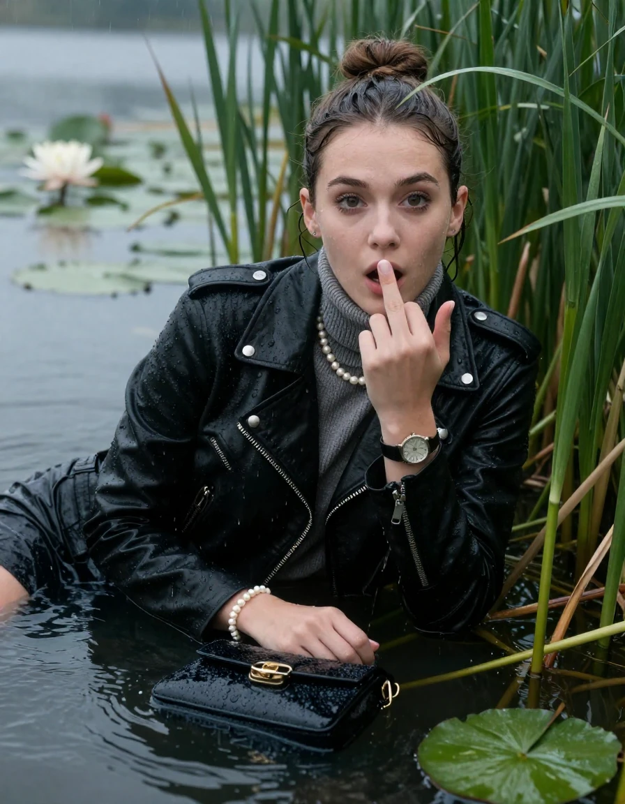 photo of young woman, in soaking wet, drenched clothes,
, , black biker leatherjacket,  knit turtleneck sweater, handbag, pearl necklace, bracelet, wristwatch , Emerging after diving in a lake with water lilies and reeds, rain , 
enjoying, wet clothes stuck to body,
detailed textures of the wet clothes, wet face, wet plastered hair,
wet, drenched, professional, high-quality details, full body view.
sharp focus, ultra-high pixel detail, realistic, high-quality, full colors, incredibly detailed, 4k, 8k, 16k, hyper-realistic, RAW photo, masterpiece, ultra-detailed, professionally color graded, professional photograph, Sleek bun 

19 years old  teenage girl

open mouth, big eyes. 0ne hand over mouth, a hand raised with the middle finger up. Laying her breast and arms on the surface.  Whole body and shoulders are submerged under the surface. Looking at camera.

she is completely underwater up to her neck, afraid and astonished expression.

She hides in the reeds and is surprised by spectators

her submerged clothes are hardly vusible under water, she soaked her handbag into the water

close up view, wet skin, wet clothes, wet hair, damp fabric, water runs down the clothes, wet skin, wet clothes, damp fabric, wet skin, wet clothes, damp fabric, wet skin, wet clothes, damp fabric, wet skin, wet clothes, damp fabric, wet skin, wet clothes, damp fabric, wet skin, wet clothes, damp fabric, wet skin, wet clothes, damp fabric, wet skin, wet clothes, damp fabric, wet skin, wet clothes, damp fabric, wet skin, wet clothes, damp fabric, wet skin, wet clothes, damp fabric, wet skin, wet clothes, damp fabric, wet skin, wet clothes, damp fabric, wet skin, wet clothes, damp fabric, wet skin, wet clothes, damp fabric, wet skin, wet clothes, damp fabric, wet skin, wet clothes, damp fabric, wet skin, wet clothes, damp fabric