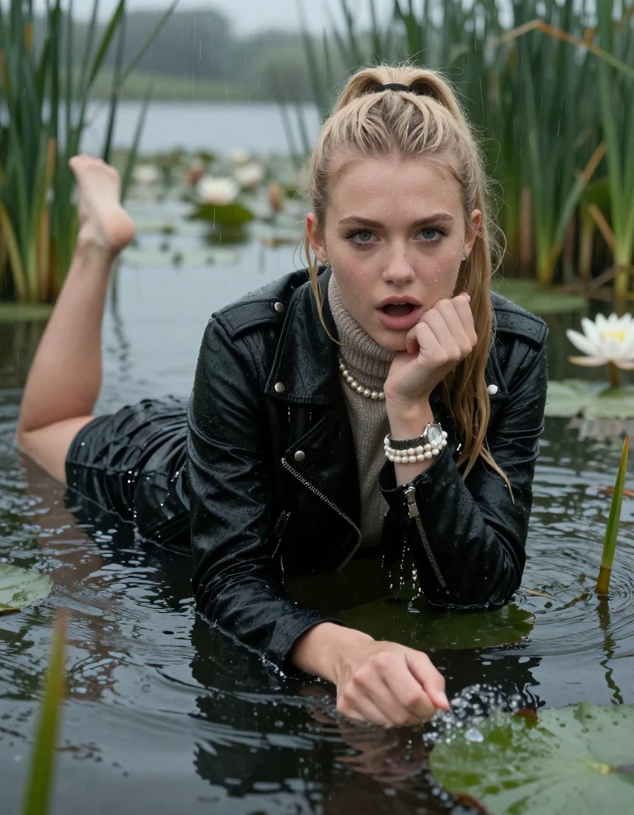 photo of young woman, in soaking wet, drenched clothes,
, , black biker leatherjacket,  knit turtleneck sweater, handbag, pearl necklace, bracelet, wristwatch , Emerging after diving in a lake with water lilies and reeds, rain , 
enjoying, wet clothes stuck to body,
detailed textures of the wet clothes, wet face, wet plastered hair,
wet, drenched, professional, high-quality details, full body view.
sharp focus, ultra-high pixel detail, realistic, high-quality, full colors, incredibly detailed, 4k, 8k, 16k, hyper-realistic, RAW photo, masterpiece, ultra-detailed, professionally color graded, professional photograph, blonde Sleek long ponytail with hairband

19 years old  teenage girl

open mouth, big eyes. 0ne hand on chin, hold with the other her friends hand, pulling them toward the center of the water. Laying her breast and arms on the surface.  Whole body and shoulders are submerged under the surface. Looking at camera.

she is completely underwater up to her neck, spits out water and gasps for air.

She hides in the reeds and is surprised by spectators

her submerged clothes are hardly vusible under water, she soaked her handbag into the water

close up view, wet skin, wet clothes, wet hair, damp fabric, water runs down the clothes, wet skin, wet clothes, damp fabric, wet skin, wet clothes, damp fabric, wet skin, wet clothes, damp fabric, wet skin, wet clothes, damp fabric, wet skin, wet clothes, damp fabric, wet skin, wet clothes, damp fabric, wet skin, wet clothes, damp fabric, wet skin, wet clothes, damp fabric, wet skin, wet clothes, damp fabric, wet skin, wet clothes, damp fabric, wet skin, wet clothes, damp fabric, wet skin, wet clothes, damp fabric, wet skin, wet clothes, damp fabric, wet skin, wet clothes, damp fabric, wet skin, wet clothes, damp fabric, wet skin, wet clothes, damp fabric, wet skin, wet clothes, damp fabric, wet skin, wet clothes, damp fabric