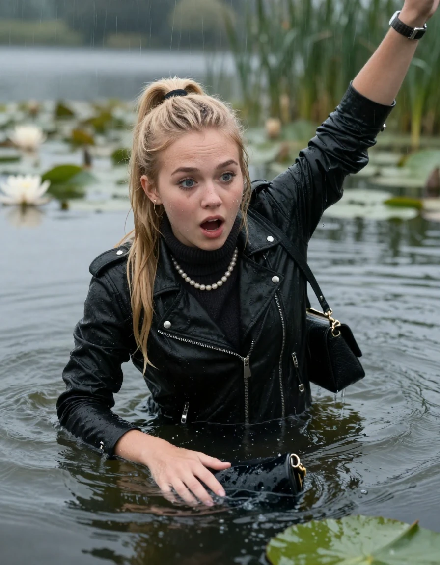 photo of young woman, in soaking wet, drenched clothes,
, , black biker leatherjacket,  knit turtleneck sweater, handbag, pearl necklace, bracelet, wristwatch , Emerging after diving in a lake with water lilies and reeds, rain , 
enjoying, wet clothes stuck to body,
detailed textures of the wet clothes, wet face, wet plastered hair,
wet, drenched, professional, high-quality details, full body view.
sharp focus, ultra-high pixel detail, realistic, high-quality, full colors, incredibly detailed, 4k, 8k, 16k, hyper-realistic, RAW photo, masterpiece, ultra-detailed, professionally color graded, professional photograph, blonde Sleek long ponytail with hairband

19 years old  teenage girl, stupified shocked expression.

open mouth, big eyes. 0ne hand in the water, hold with the other the female viewer's hand, pulling them toward the center of the water. Laying her breast and arms on the surface.  Whole body and shoulders are submerged under the surface.

she is completely underwater up to her neck and is in danger of drowning.

her submerged clothes are hardly vusible under water, she soaked her handbag into the water

close up view, wet skin, wet clothes, wet hair, damp fabric, water runs down the clothes, wet skin, wet clothes, damp fabric, wet skin, wet clothes, damp fabric, wet skin, wet clothes, damp fabric, wet skin, wet clothes, damp fabric, wet skin, wet clothes, damp fabric, wet skin, wet clothes, damp fabric, wet skin, wet clothes, damp fabric, wet skin, wet clothes, damp fabric, wet skin, wet clothes, damp fabric, wet skin, wet clothes, damp fabric, wet skin, wet clothes, damp fabric, wet skin, wet clothes, damp fabric, wet skin, wet clothes, damp fabric, wet skin, wet clothes, damp fabric, wet skin, wet clothes, damp fabric, wet skin, wet clothes, damp fabric, wet skin, wet clothes, damp fabric, wet skin, wet clothes, damp fabric