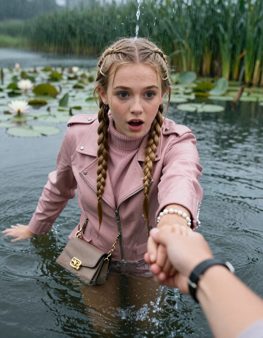photo of young woman, in soaking wet, drenched clothes,
, , light pink biker leatherjacket,  knit turtleneck sweater, handbag, pearl necklace, bracelet, wristwatch , swimming in a lake with water lilies and reeds,  heavy rainfall, 
enjoying, wet clothes stuck to body,
detailed textures of the wet clothes, wet face, wet plastered hair,
wet, drenched, professional, high-quality details, full body view.
sharp focus, ultra-high pixel detail, realistic, high-quality, full colors, incredibly detailed, 4k, 8k, 16k, hyper-realistic, RAW photo, masterpiece, ultra-detailed, professionally color graded, professional photograph, two blonde sleek long braids

19 years old  teenage girl, afraid and astonished expression.

open mouth, big eyes. hold with her hands the female viewer's hand, pulling them toward the center of the water. Laying her breast and arms on the surface.  Whole body and shoulders are submerged under the surface. directly under the rainfall fully saturating her hair. streams of water flowing over her hair, and down her face and clothes.

she is completely underwater up to her neck. leaning slightly forewards.

her submerged clothes are hardly vusible under water, she soaked her handbag into the water

close up view, wet skin, wet clothes, wet hair, damp fabric, water runs down the clothes, wet skin, wet clothes, damp fabric, wet skin, wet clothes, damp fabric, wet skin, wet clothes, damp fabric, wet skin, wet clothes, damp fabric, wet skin, wet clothes, damp fabric, wet skin, wet clothes, damp fabric, wet skin, wet clothes, damp fabric, wet skin, wet clothes, damp fabric, wet skin, wet clothes, damp fabric, wet skin, wet clothes, damp fabric, wet skin, wet clothes, damp fabric, wet skin, wet clothes, damp fabric, wet skin, wet clothes, damp fabric, wet skin, wet clothes, damp fabric, wet skin, wet clothes, damp fabric, wet skin, wet clothes, damp fabric, wet skin, wet clothes, damp fabric, wet skin, wet clothes, damp fabric, wet skin, wet clothes, damp fabric