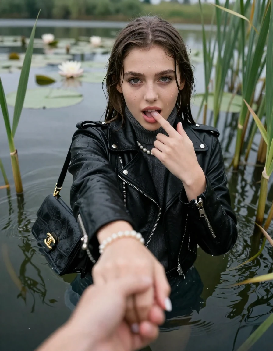 photo of young woman, in soaking wet, drenched clothes,
, , black biker leatherjacket,  knit turtleneck sweater, handbag, pearl necklace, bracelet, wristwatch, french nails , Emerging after diving in a lake with water lilies and reeds, 
enjoying, wet clothes stuck to body,
detailed textures of the wet clothes, wet face, wet plastered hair,
wet, drenched, professional, high-quality details, full body view.
sharp focus, ultra-high pixel detail, realistic, high-quality, full colors, incredibly detailed, 4k, 8k, 16k, hyper-realistic, RAW photo, masterpiece, ultra-detailed, professionally color graded, professional photograph, Sleek long straight hair

15 years old  teenage girl

open mouth, big eyes. 0ne hand with a finger at her tongue  inside her mouth, hold with the other the viewer's hand, pulling them toward the center of the water. Laying her breast and arms on the surface.  Whole body and shoulders are submerged under the surface. Looking up at camera.

she is completely underwater up to her neck,  horny and sexuell aroused expression.

She hides in the reeds.

her submerged clothes are hardly vusible under water, she soaked her handbag into the water

close up view, wet skin, wet clothes, wet hair, damp fabric, water runs down the clothes, wet skin, wet clothes, damp fabric, wet skin, wet clothes, damp fabric, wet skin, wet clothes, damp fabric, wet skin, wet clothes, damp fabric, wet skin, wet clothes, damp fabric, wet skin, wet clothes, damp fabric, wet skin, wet clothes, damp fabric, wet skin, wet clothes, damp fabric, wet skin, wet clothes, damp fabric, wet skin, wet clothes, damp fabric, wet skin, wet clothes, damp fabric, wet skin, wet clothes, damp fabric, wet skin, wet clothes, damp fabric, wet skin, wet clothes, damp fabric, wet skin, wet clothes, damp fabric, wet skin, wet clothes, damp fabric, wet skin, wet clothes, damp fabric, wet skin, wet clothes, damp fabric, wet skin, wet clothes, damp fabric