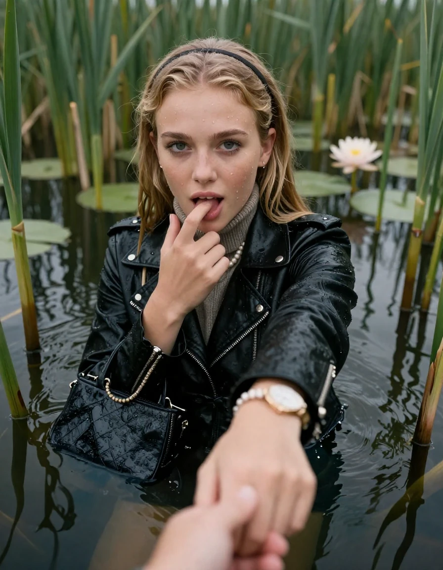 photo of young woman, in soaking wet, drenched clothes,
, , black biker leatherjacket,  knit turtleneck sweater, handbag, pearl necklace, bracelet, wristwatch , Emerging after diving in a lake with water lilies and reeds, 
enjoying, wet clothes stuck to body,
detailed textures of the wet clothes, wet face, wet plastered hair,
wet, drenched, professional, high-quality details, full body view.
sharp focus, ultra-high pixel detail, realistic, high-quality, full colors, incredibly detailed, 4k, 8k, 16k, hyper-realistic, RAW photo, masterpiece, ultra-detailed, professionally color graded, professional photograph, blonde Sleek long straight hair with hairband

15 years old  teenage girl

open mouth, big eyes. 0ne hand with a finger at her tongue  inside her mouth, hold with the other the viewer's hand, pulling them toward the center of the water. Laying her breast and arms on the surface.  Whole body and shoulders are submerged under the surface. Looking at camera.

she is completely underwater up to her neck,  horny and sexuell aroused expression.

She hides in the reeds.

her submerged clothes are hardly vusible under water, she soaked her handbag into the water

close up view, wet skin, wet clothes, wet hair, damp fabric, water runs down the clothes, wet skin, wet clothes, damp fabric, wet skin, wet clothes, damp fabric, wet skin, wet clothes, damp fabric, wet skin, wet clothes, damp fabric, wet skin, wet clothes, damp fabric, wet skin, wet clothes, damp fabric, wet skin, wet clothes, damp fabric, wet skin, wet clothes, damp fabric, wet skin, wet clothes, damp fabric, wet skin, wet clothes, damp fabric, wet skin, wet clothes, damp fabric, wet skin, wet clothes, damp fabric, wet skin, wet clothes, damp fabric, wet skin, wet clothes, damp fabric, wet skin, wet clothes, damp fabric, wet skin, wet clothes, damp fabric, wet skin, wet clothes, damp fabric, wet skin, wet clothes, damp fabric, wet skin, wet clothes, damp fabric