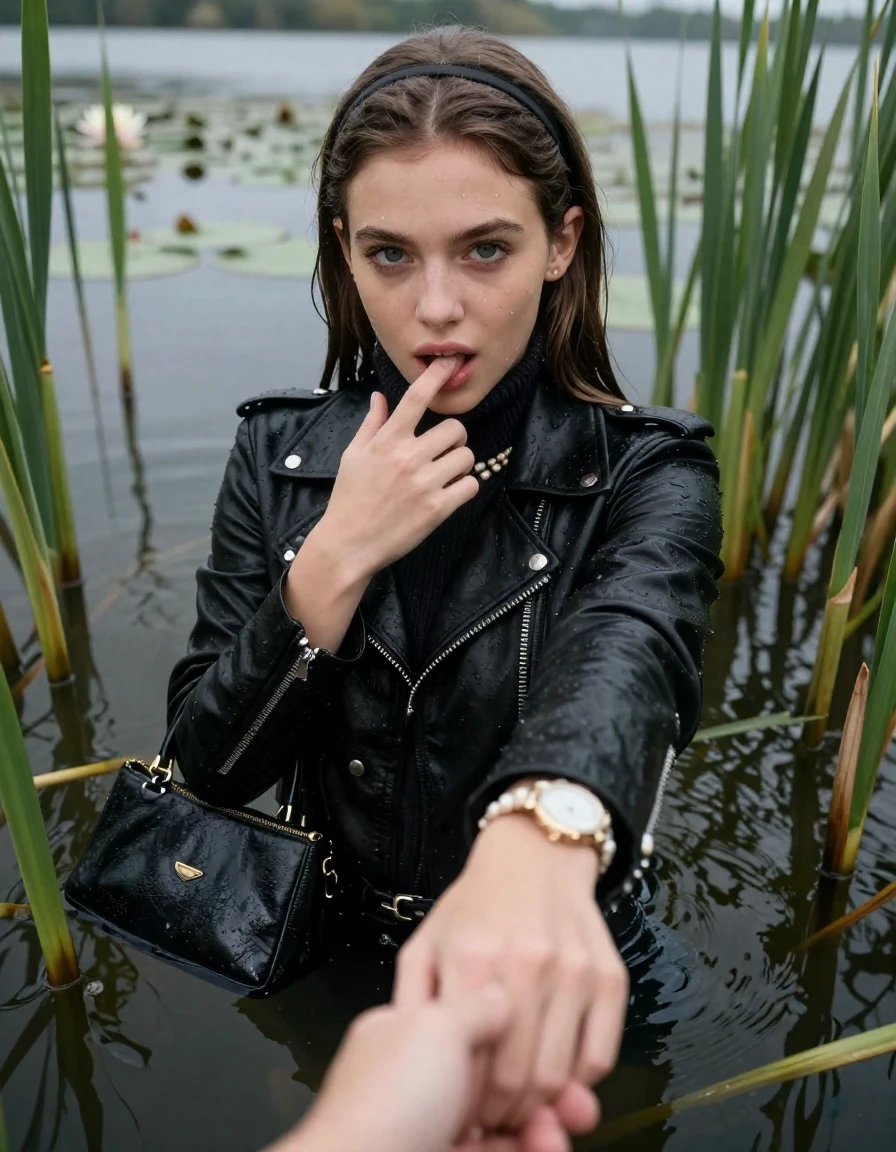 photo of young woman, in soaking wet, drenched clothes,
, , black biker leatherjacket,  knit turtleneck sweater, handbag, pearl necklace, bracelet, wristwatch , Emerging after diving in a lake with water lilies and reeds, 
enjoying, wet clothes stuck to body,
detailed textures of the wet clothes, wet face, wet plastered hair,
wet, drenched, professional, high-quality details, full body view.
sharp focus, ultra-high pixel detail, realistic, high-quality, full colors, incredibly detailed, 4k, 8k, 16k, hyper-realistic, RAW photo, masterpiece, ultra-detailed, professionally color graded, professional photograph, Sleek long straight hair with hairband

15 years old  teenage girl

open mouth, big eyes. 0ne hand with a finger at her tongue  inside her mouth, hold with the other the viewer's hand, pulling them toward the center of the water. Laying her breast and arms on the surface.  Whole body and shoulders are submerged under the surface. Looking up at camera.

she is completely underwater up to her neck,  horny and sexuell aroused expression.

She hides in the reeds.

her submerged clothes are hardly vusible under water, she soaked her handbag into the water

close up view, wet skin, wet clothes, wet hair, damp fabric, water runs down the clothes, wet skin, wet clothes, damp fabric, wet skin, wet clothes, damp fabric, wet skin, wet clothes, damp fabric, wet skin, wet clothes, damp fabric, wet skin, wet clothes, damp fabric, wet skin, wet clothes, damp fabric, wet skin, wet clothes, damp fabric, wet skin, wet clothes, damp fabric, wet skin, wet clothes, damp fabric, wet skin, wet clothes, damp fabric, wet skin, wet clothes, damp fabric, wet skin, wet clothes, damp fabric, wet skin, wet clothes, damp fabric, wet skin, wet clothes, damp fabric, wet skin, wet clothes, damp fabric, wet skin, wet clothes, damp fabric, wet skin, wet clothes, damp fabric, wet skin, wet clothes, damp fabric, wet skin, wet clothes, damp fabric